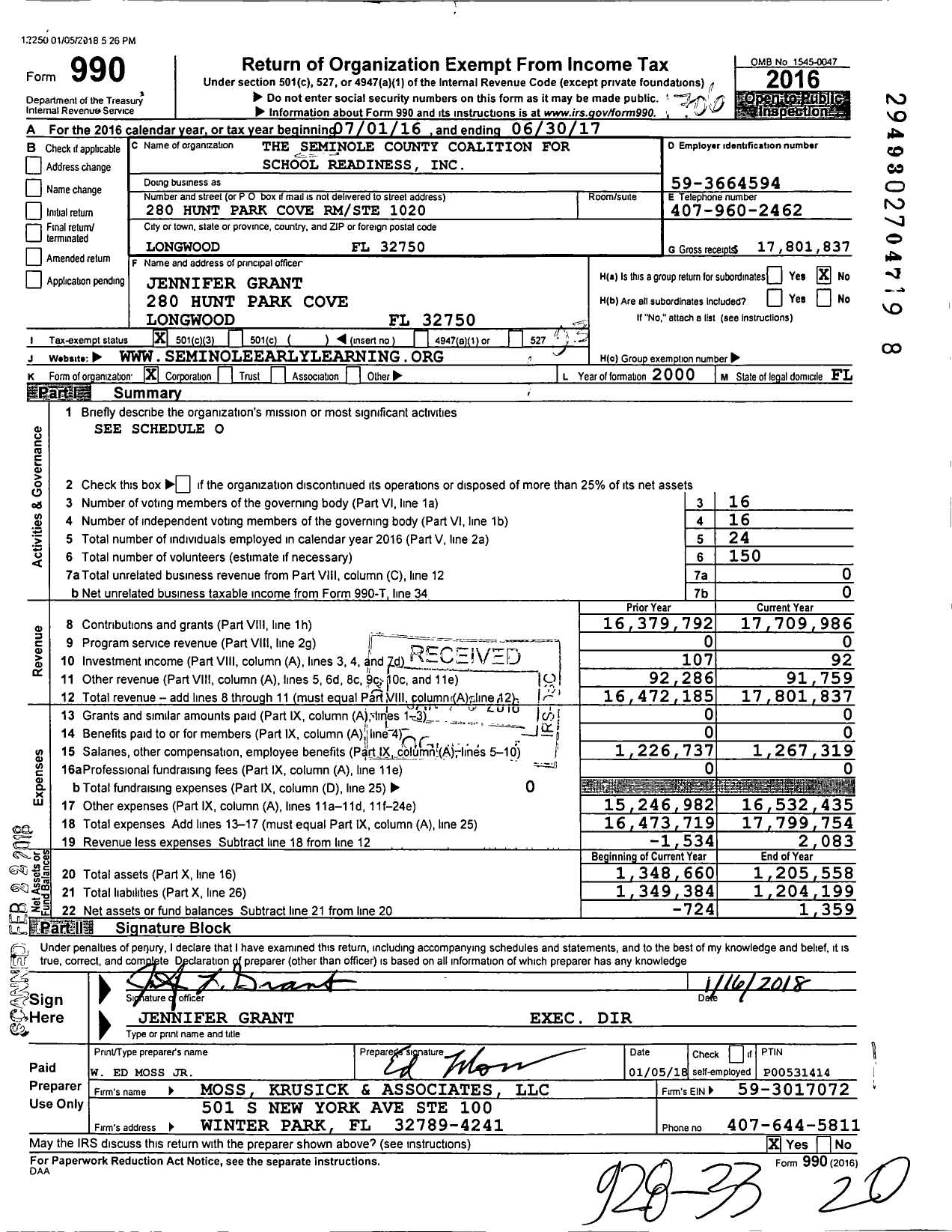 Image of first page of 2016 Form 990 for The Seminole County Coalition for School Readiness