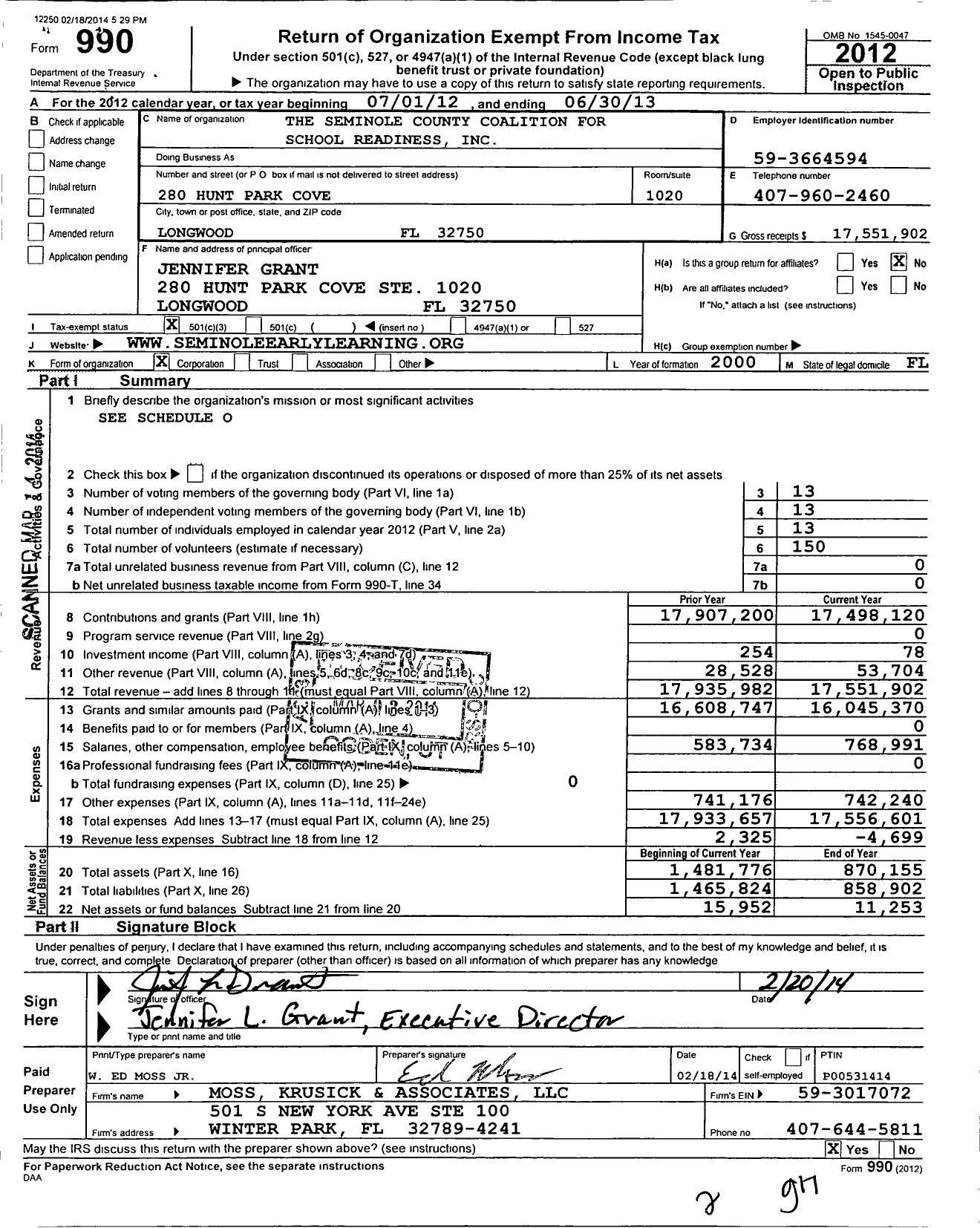 Image of first page of 2012 Form 990 for The Seminole County Coalition for School Readiness