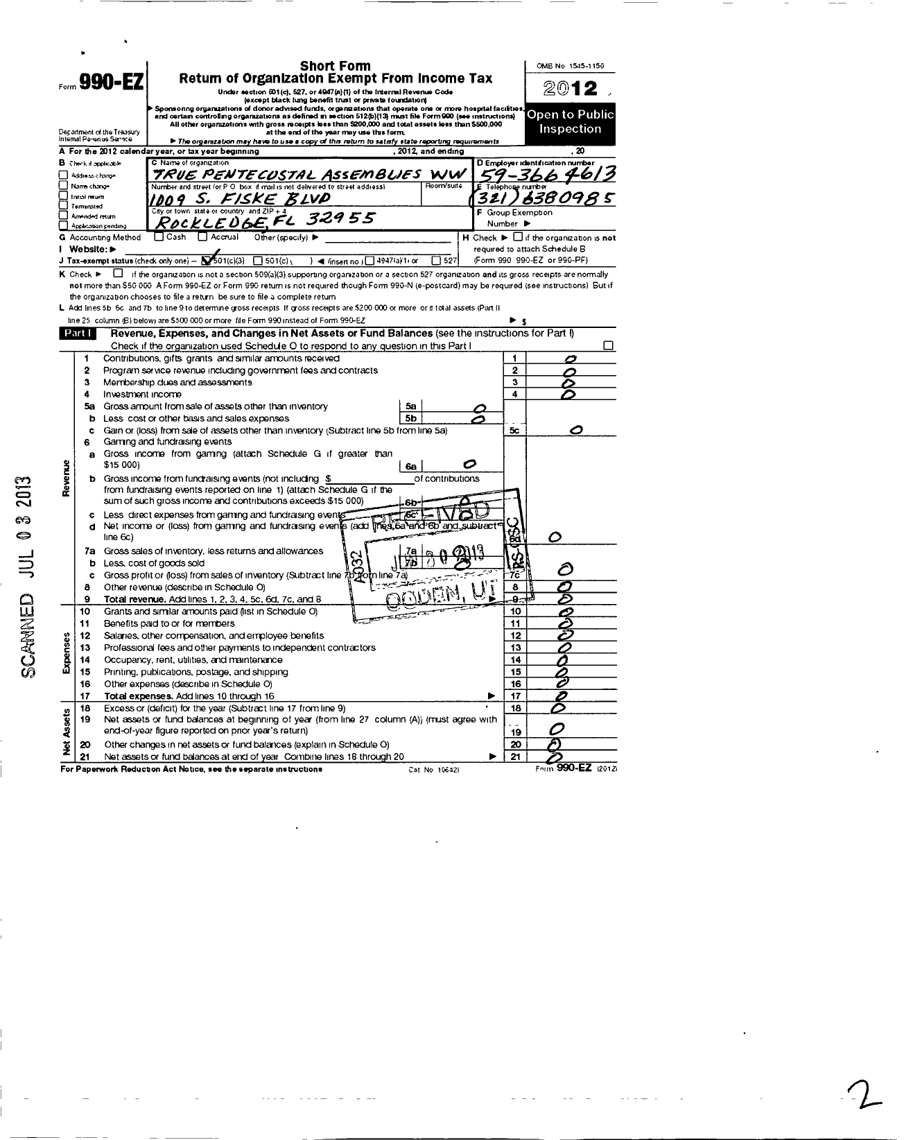 Image of first page of 2012 Form 990EZ for True Pentecostal Assemblies World Wide