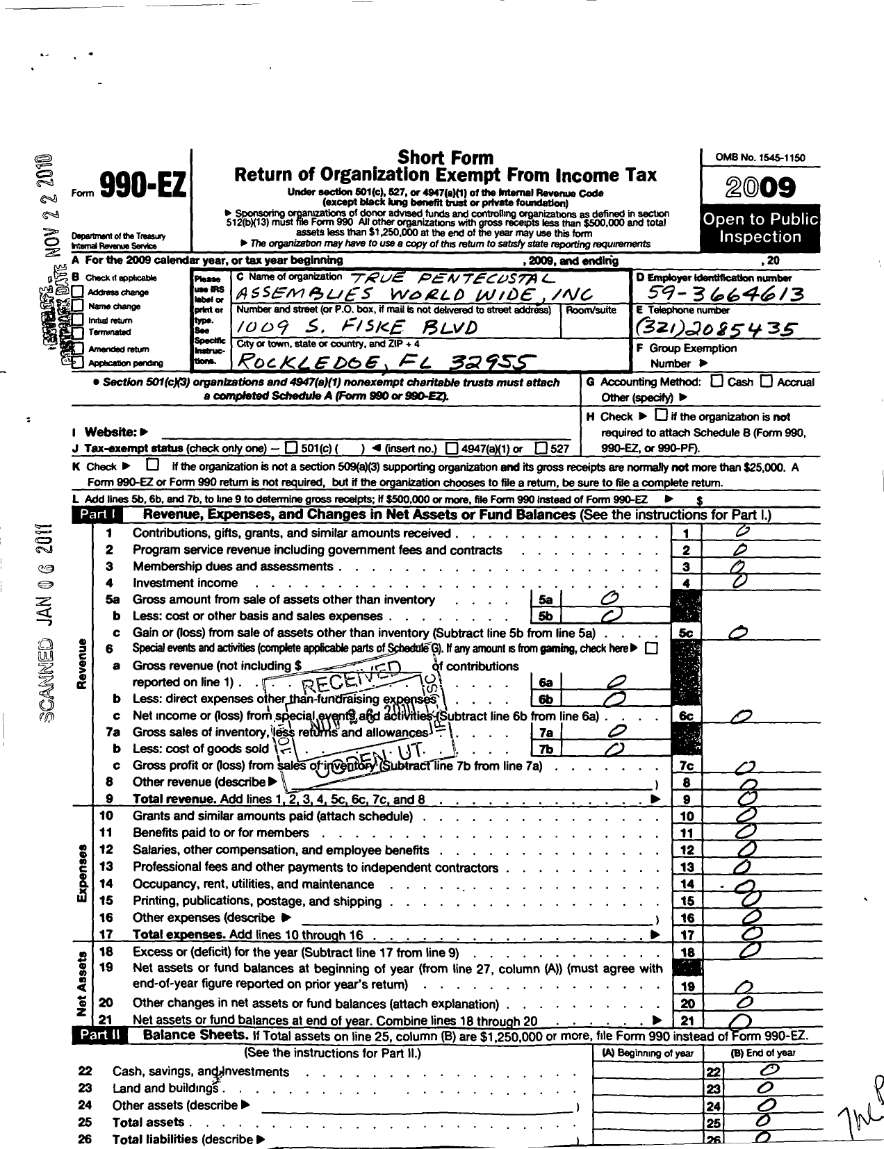 Image of first page of 2009 Form 990EO for True Pentecostal Assemblies World Wide