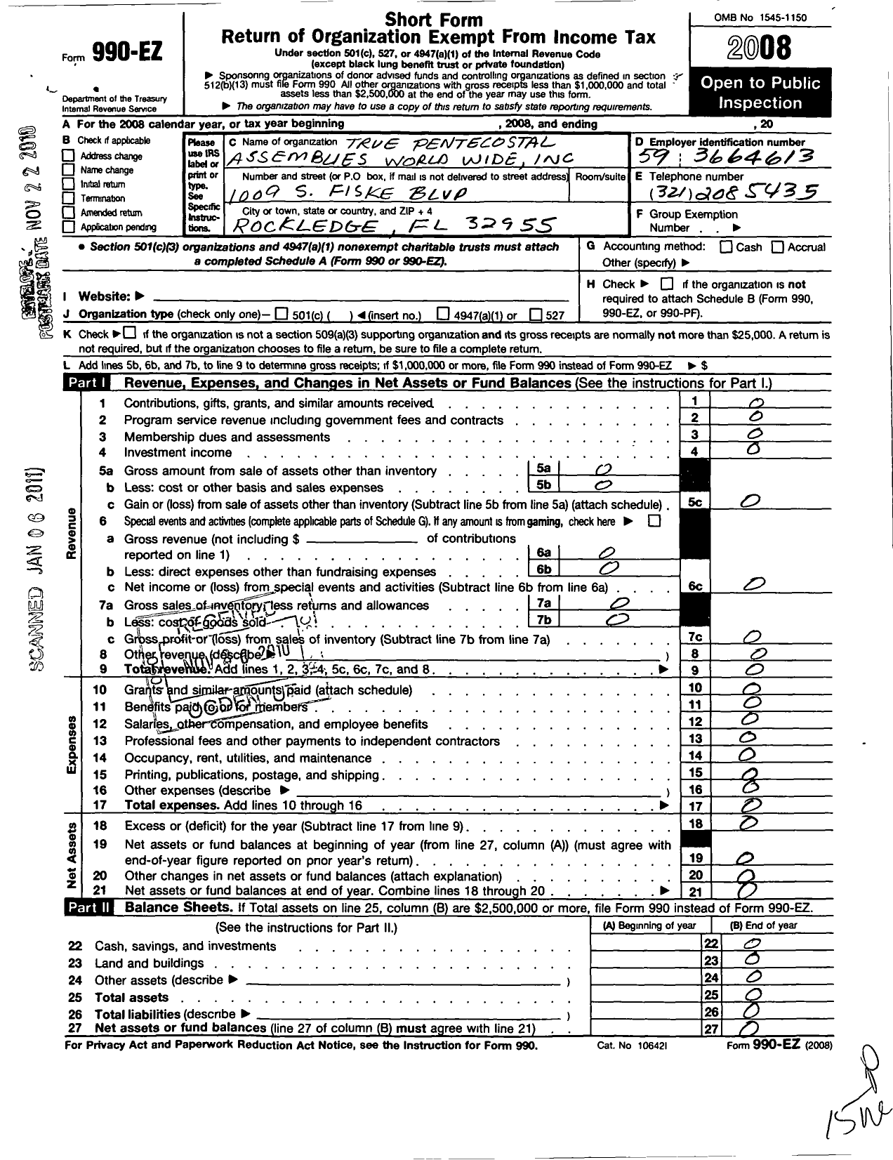 Image of first page of 2008 Form 990EO for True Pentecostal Assemblies World Wide