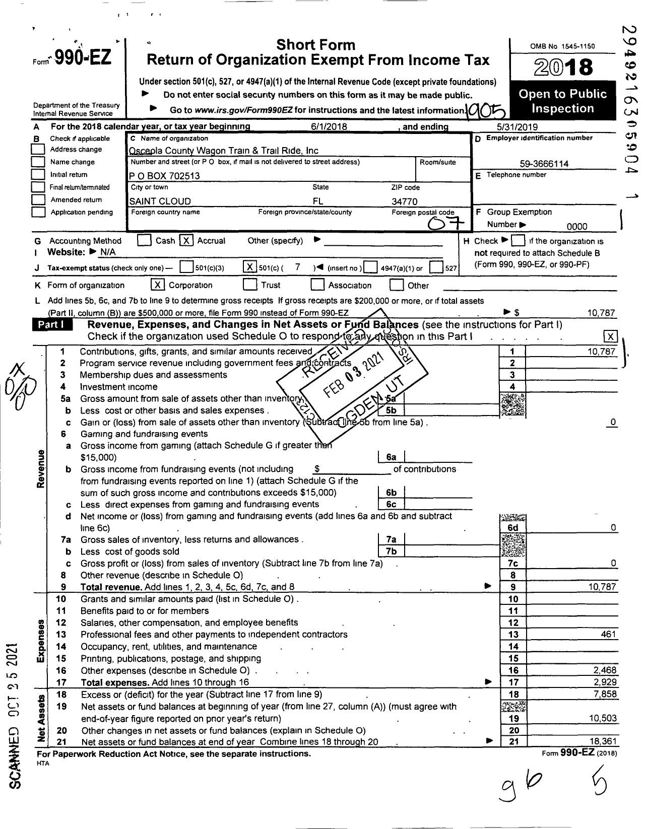 Image of first page of 2018 Form 990EO for Osceola County Wagon Train and Trail Ride