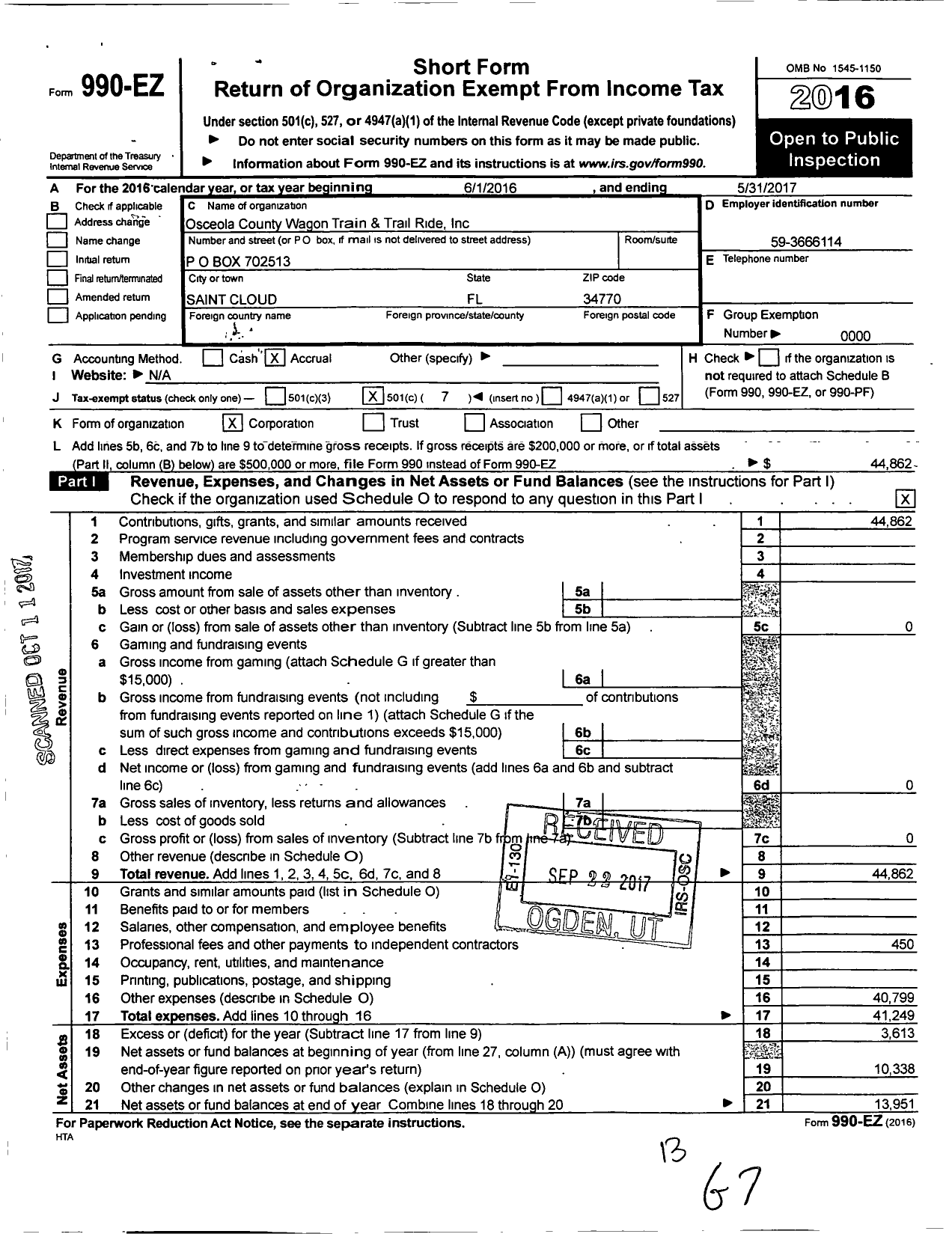 Image of first page of 2016 Form 990EO for Osceola County Wagon Train and Trail Ride