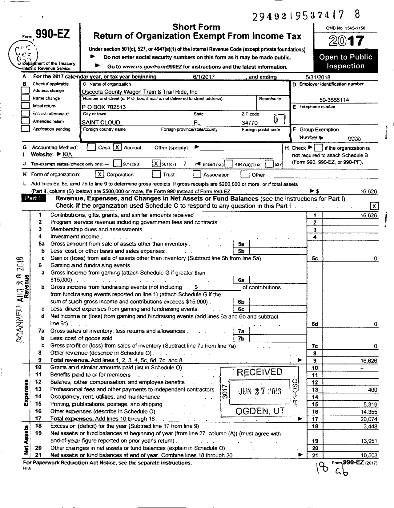 Image of first page of 2017 Form 990EO for Osceola County Wagon Train and Trail Ride