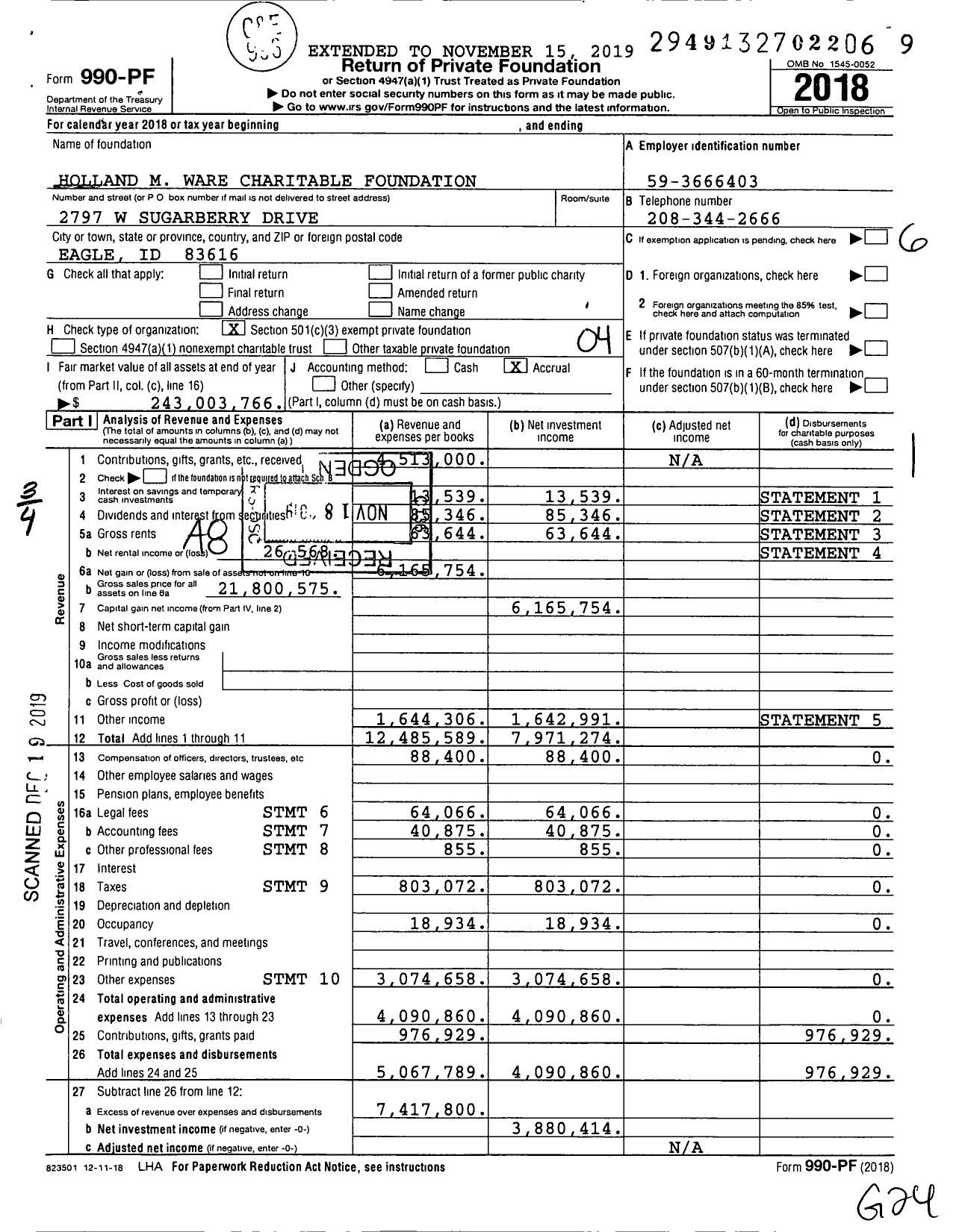 Image of first page of 2018 Form 990PF for Holland M Ware Charitable Foundation