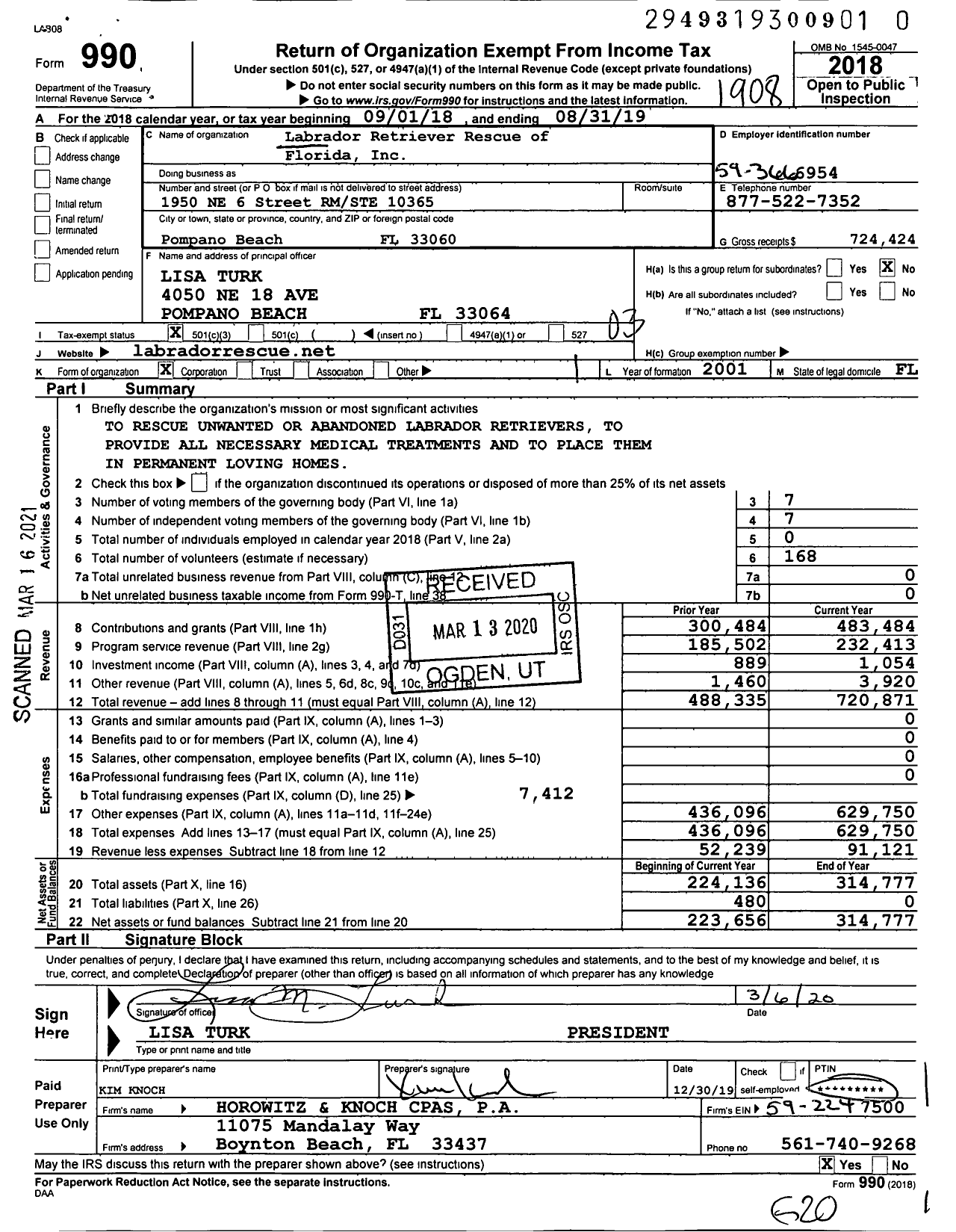 Image of first page of 2018 Form 990 for Labrador Retriever Rescue of Florida