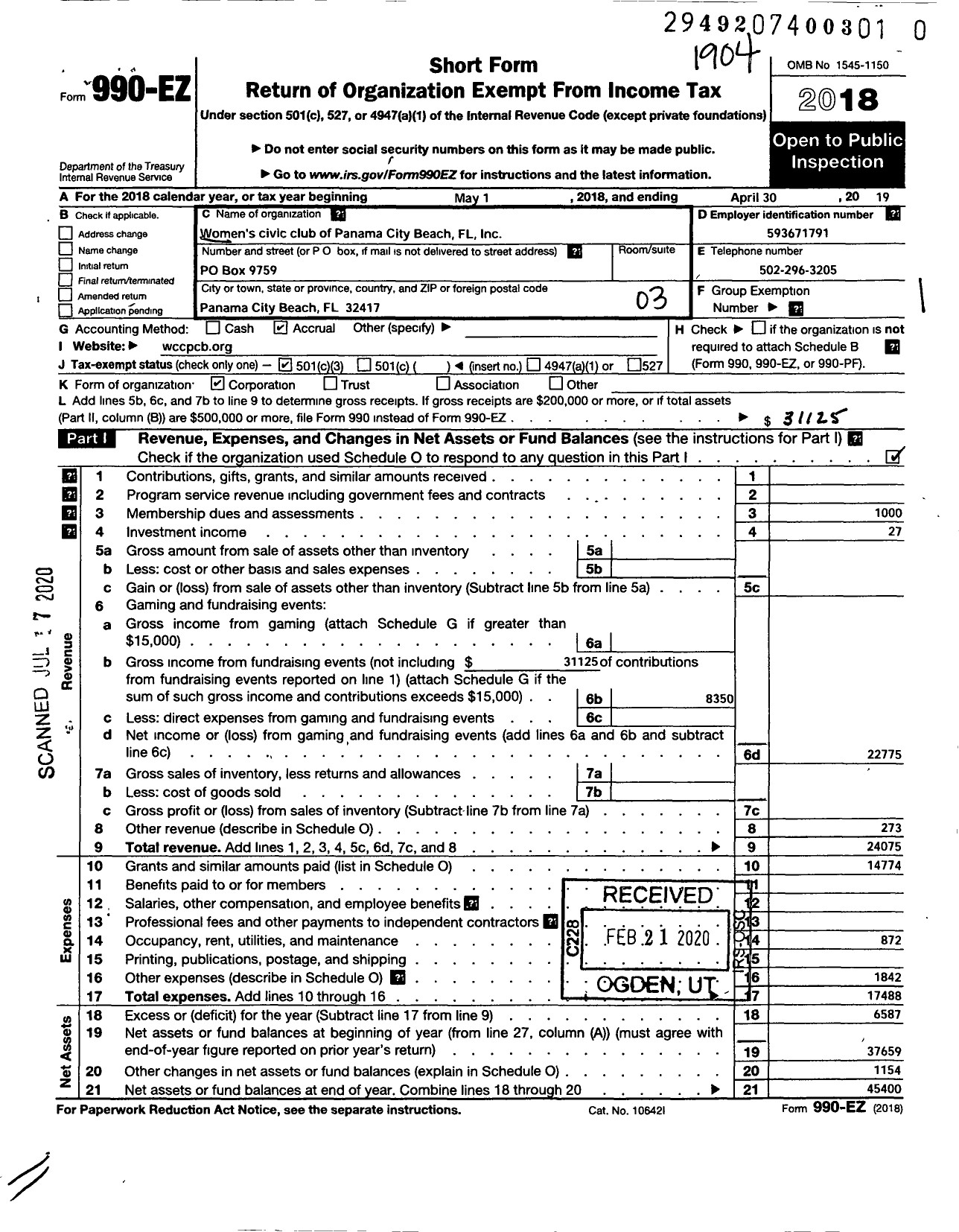 Image of first page of 2018 Form 990EZ for Womens Civic Club of Panama City Beach Florida