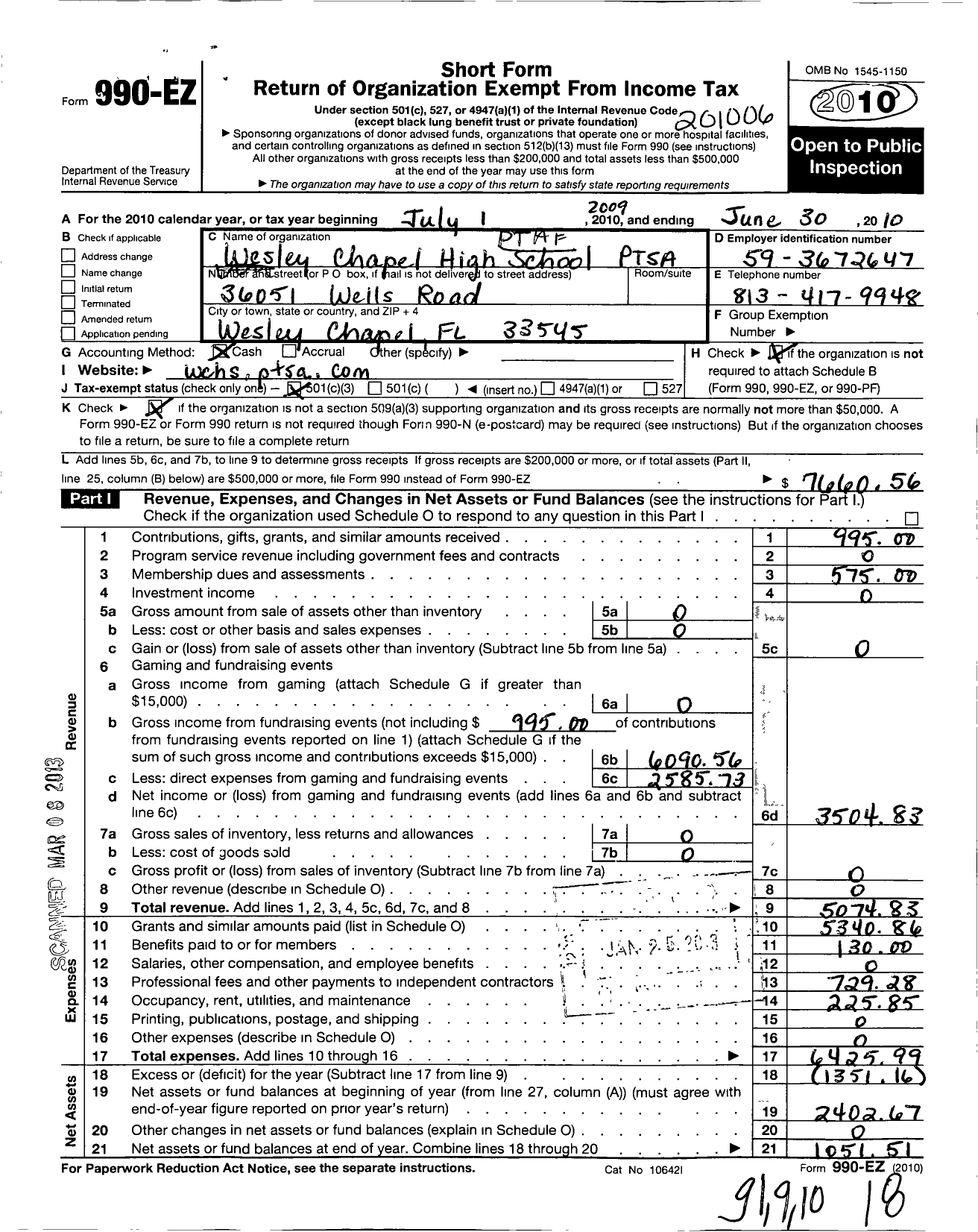 Image of first page of 2009 Form 990EZ for PTA Florida Congress