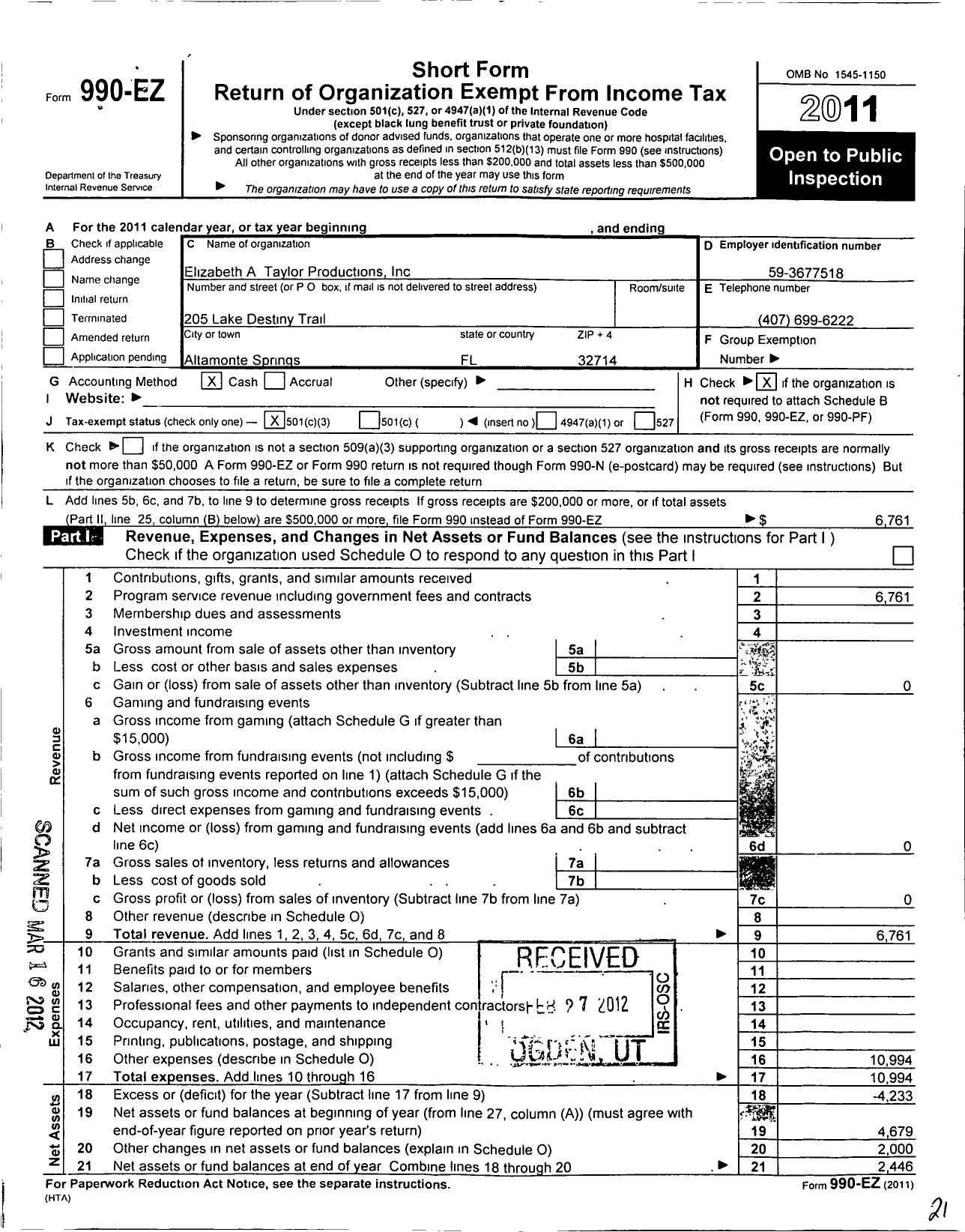 Image of first page of 2011 Form 990EZ for Elizabeth A Taylor Productions