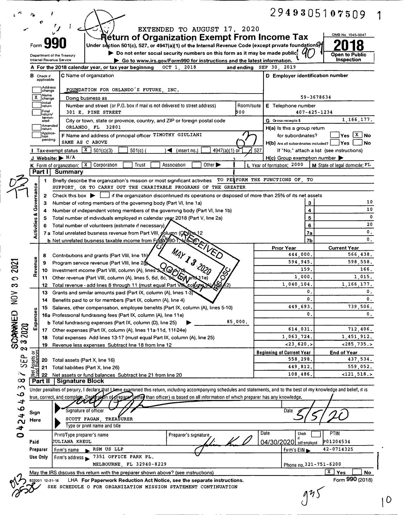 Image of first page of 2018 Form 990 for Foundation for Orlando's Future