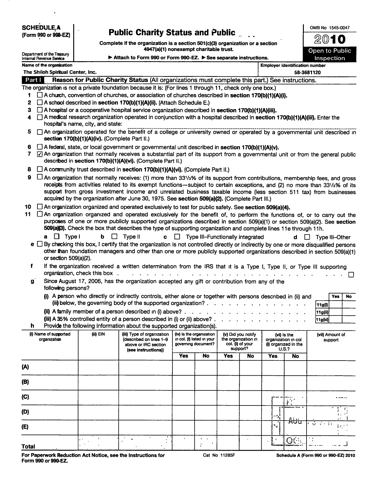 Image of first page of 2010 Form 990ER for Shiloh Spiritual Center