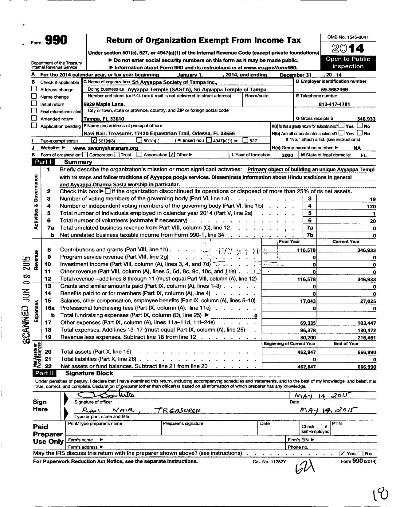 Image of first page of 2014 Form 990 for Sri Ayyappa Society of Tampa