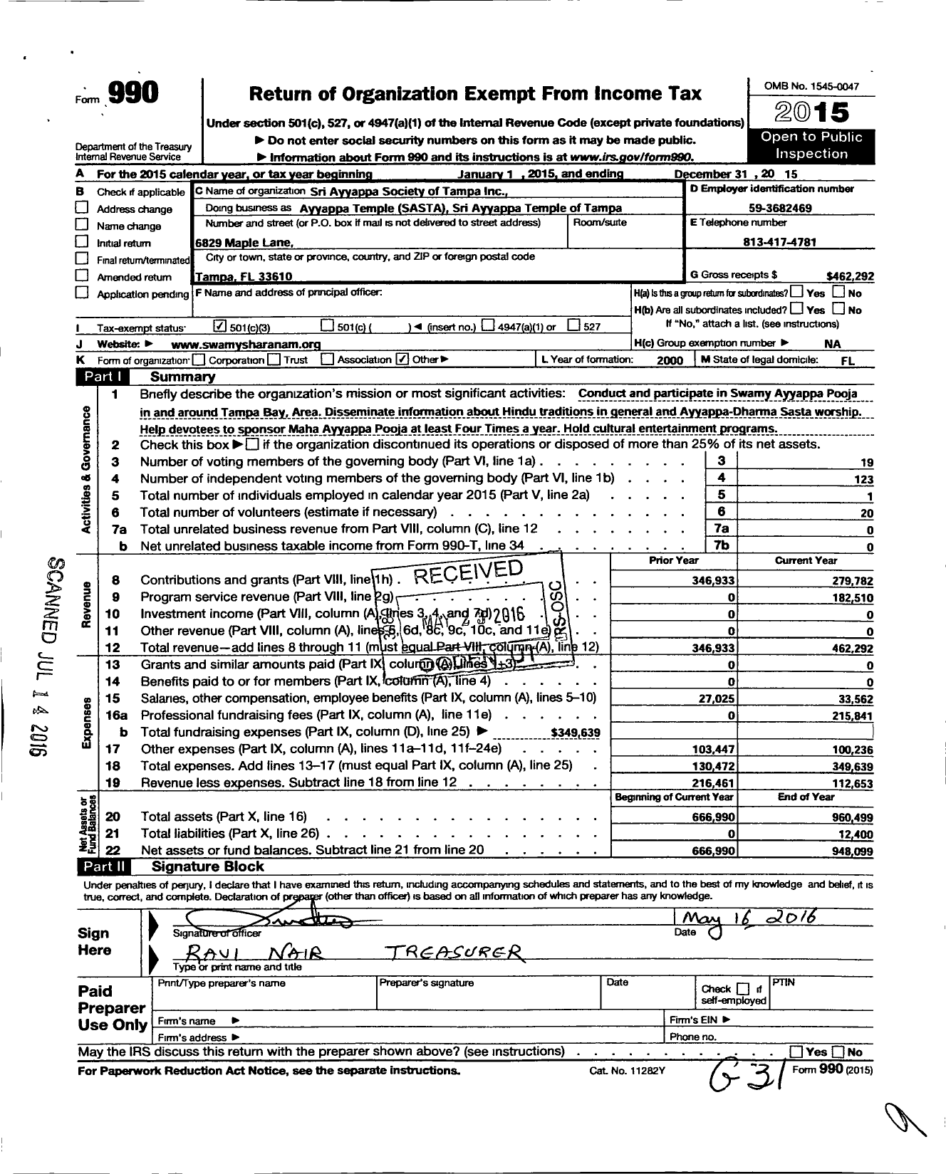 Image of first page of 2015 Form 990 for Sri Ayyappa Society of Tampa