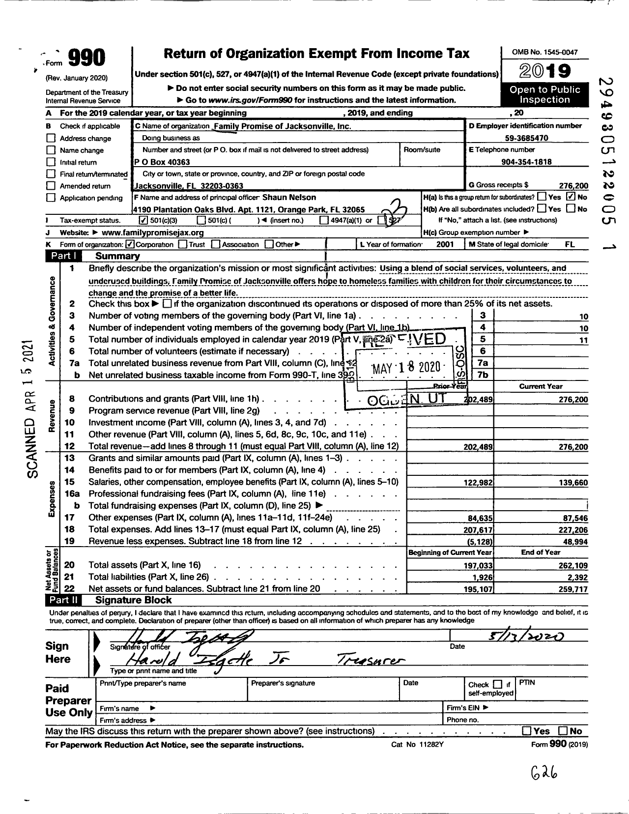 Image of first page of 2019 Form 990 for Family Promise of Jacksonville