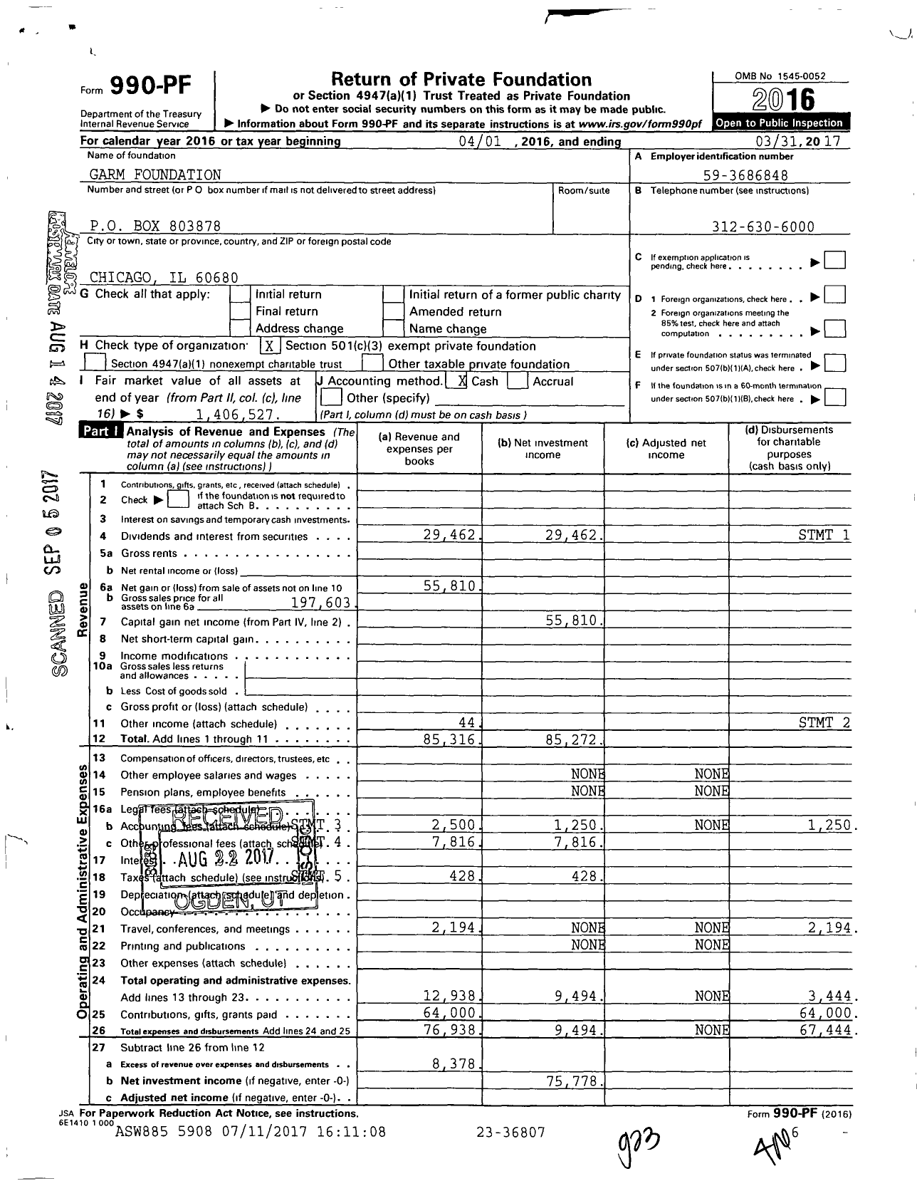 Image of first page of 2016 Form 990PF for Garm Foundation