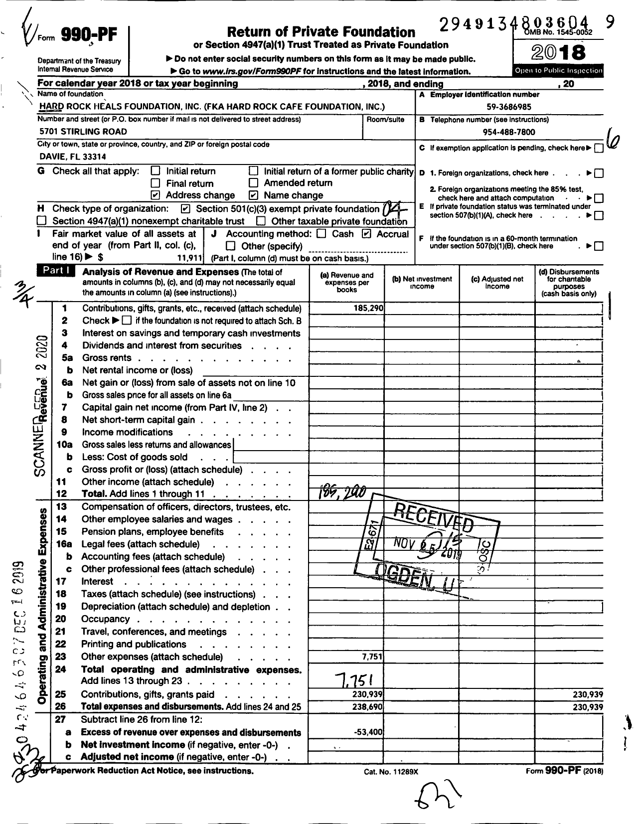 Image of first page of 2018 Form 990PF for Hard Rock Heals Foundation