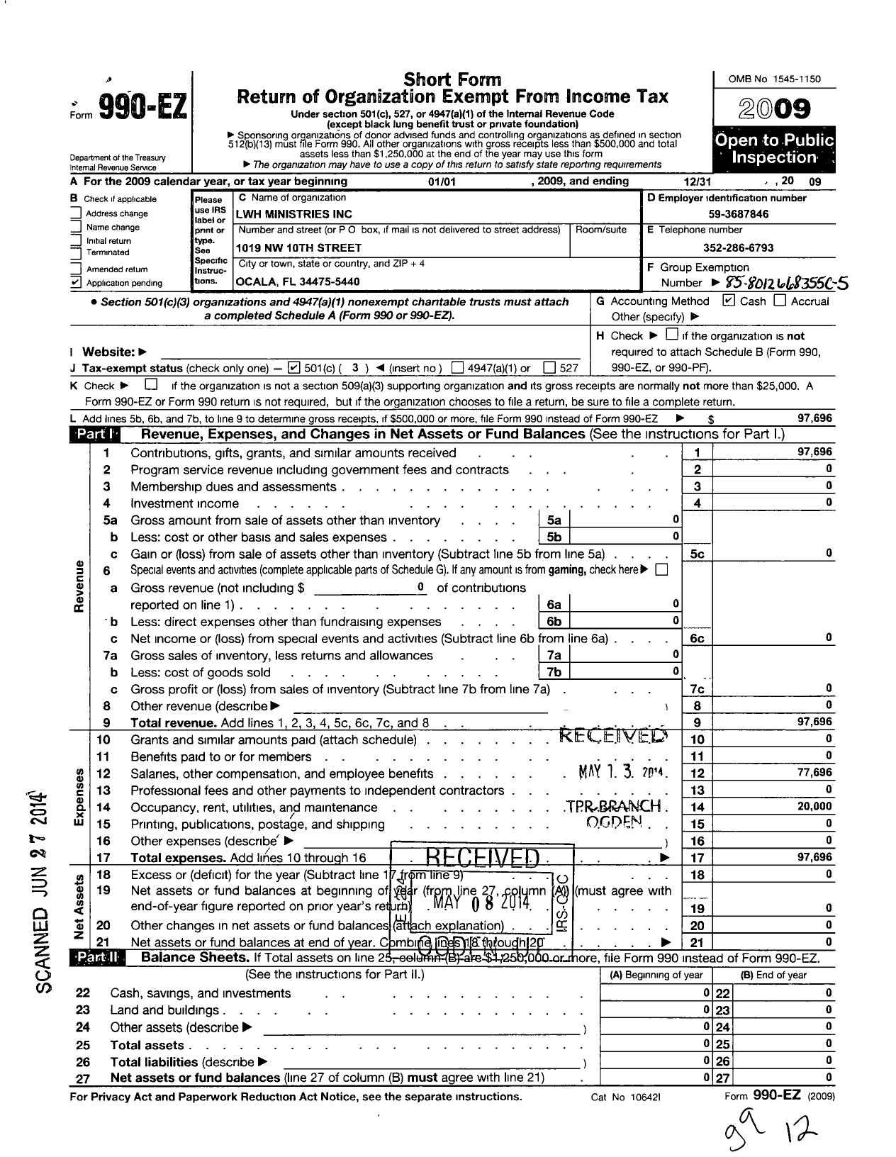 Image of first page of 2009 Form 990EZ for LHW Ministries