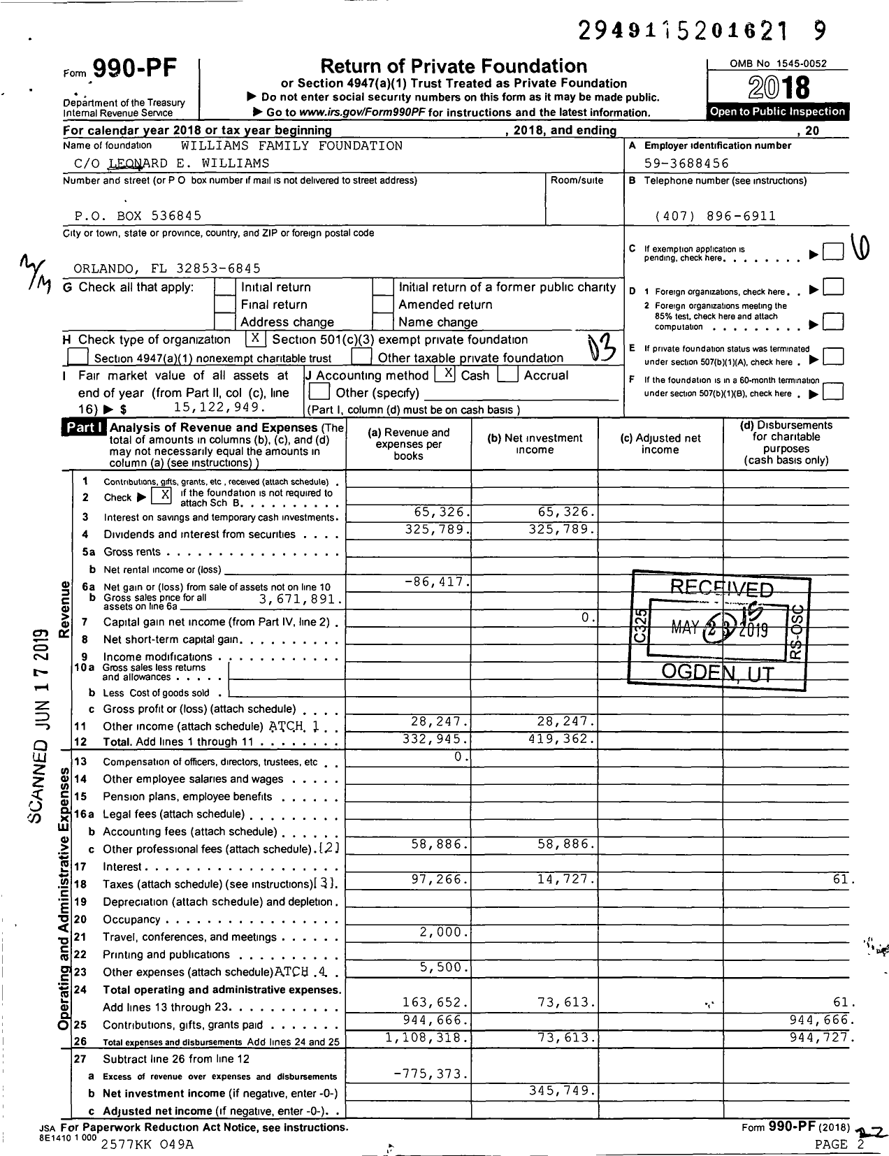 Image of first page of 2018 Form 990PF for Williams Family Foundation