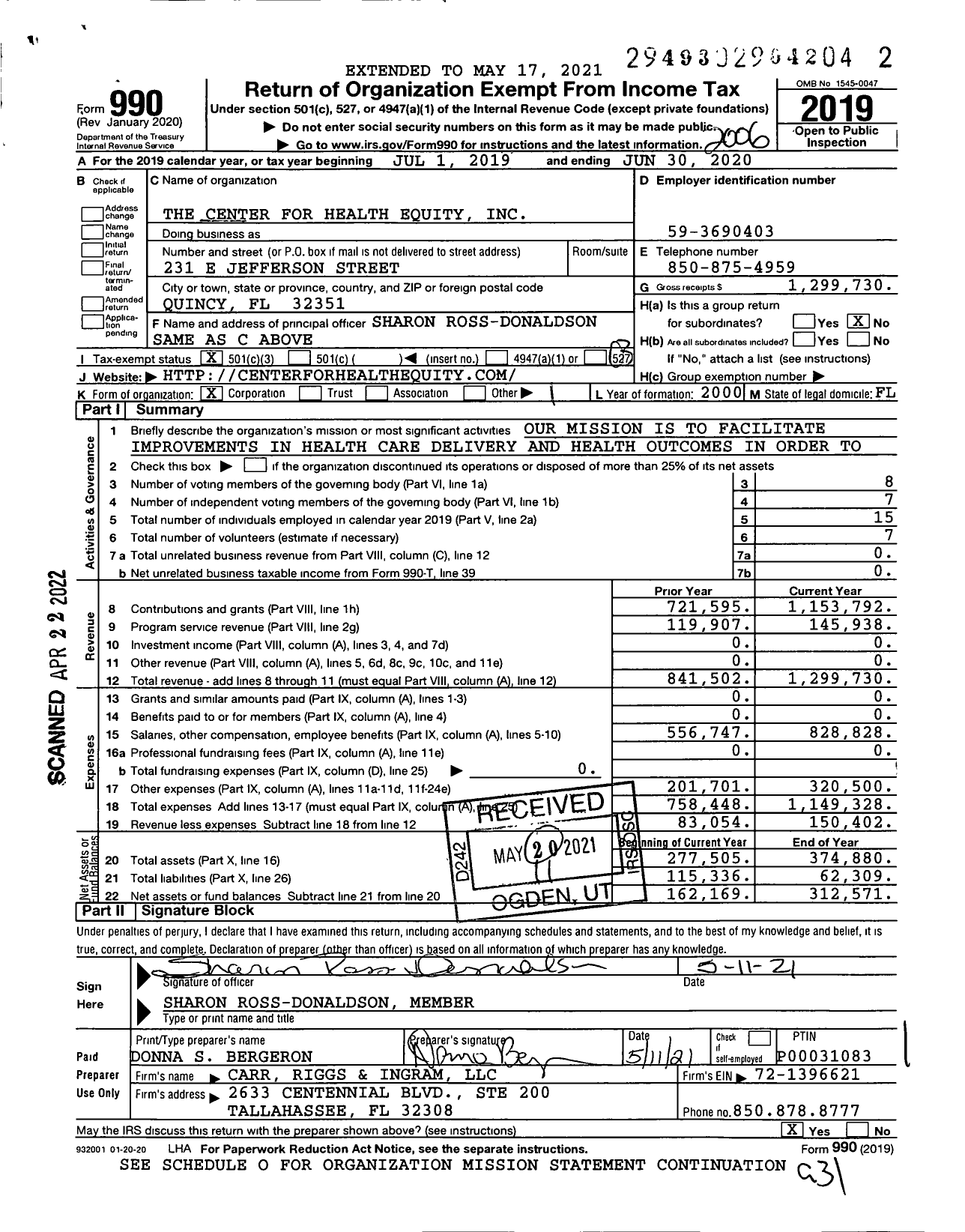 Image of first page of 2019 Form 990 for The Center for Health Equity