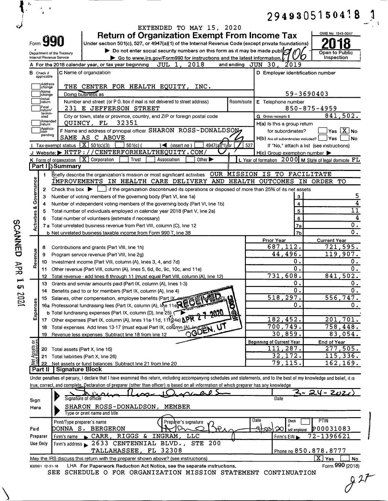 Image of first page of 2018 Form 990 for The Center for Health Equity