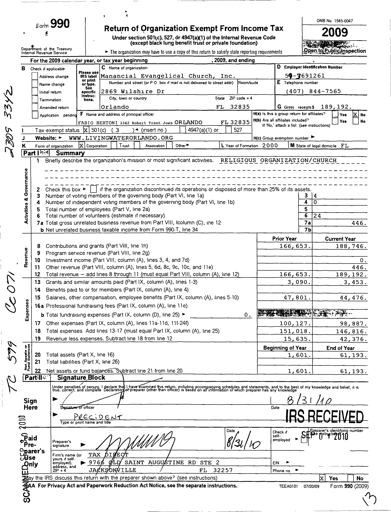 Image of first page of 2009 Form 990 for Manancial Evangelical Church