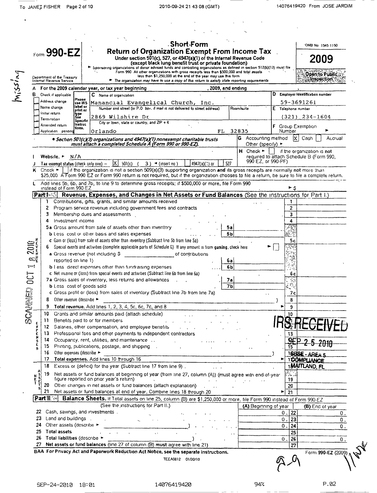 Image of first page of 2009 Form 990EZ for Manancial Evangelical Church