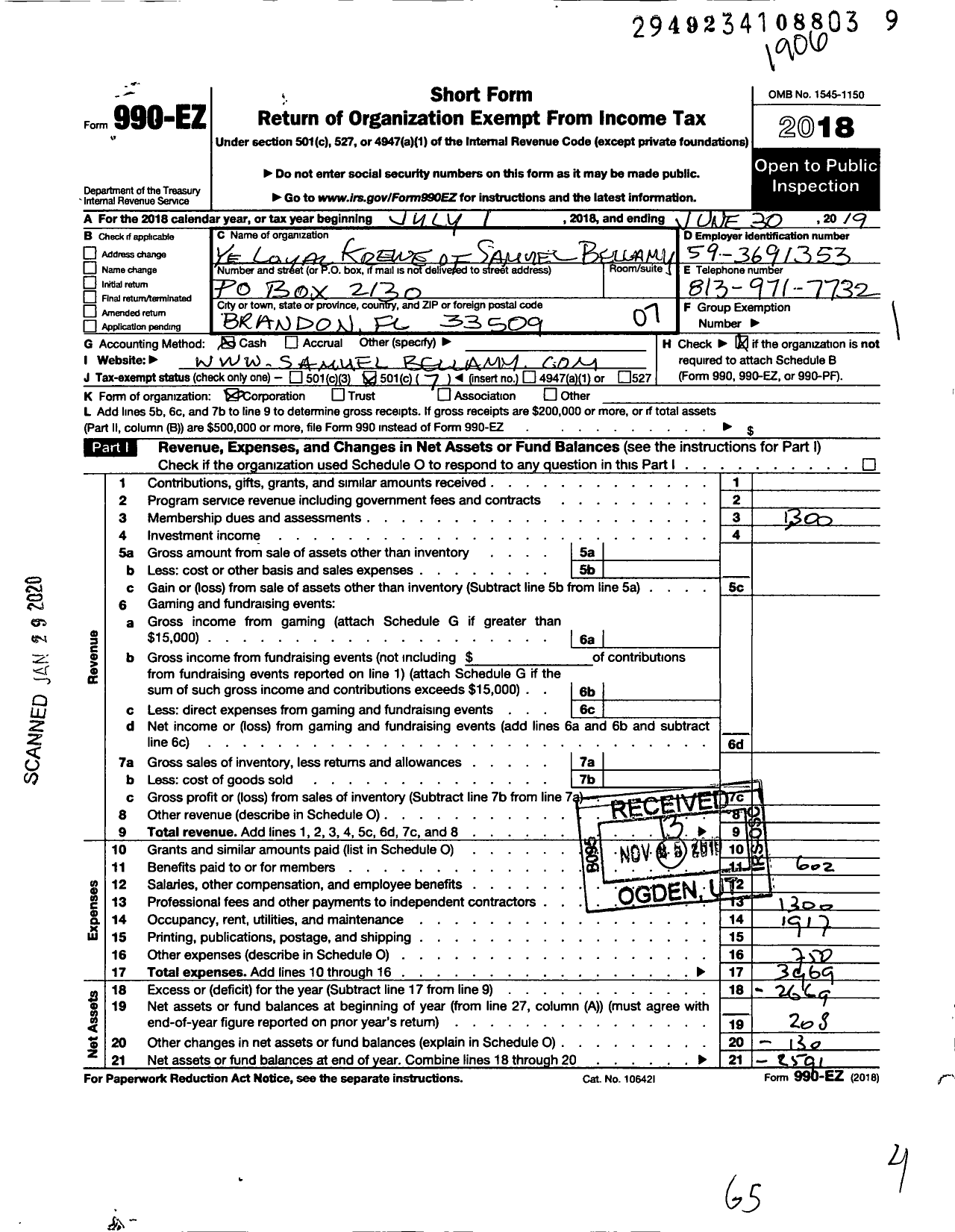 Image of first page of 2018 Form 990EO for Ye Loyal Krewe of Samuel Bellamy