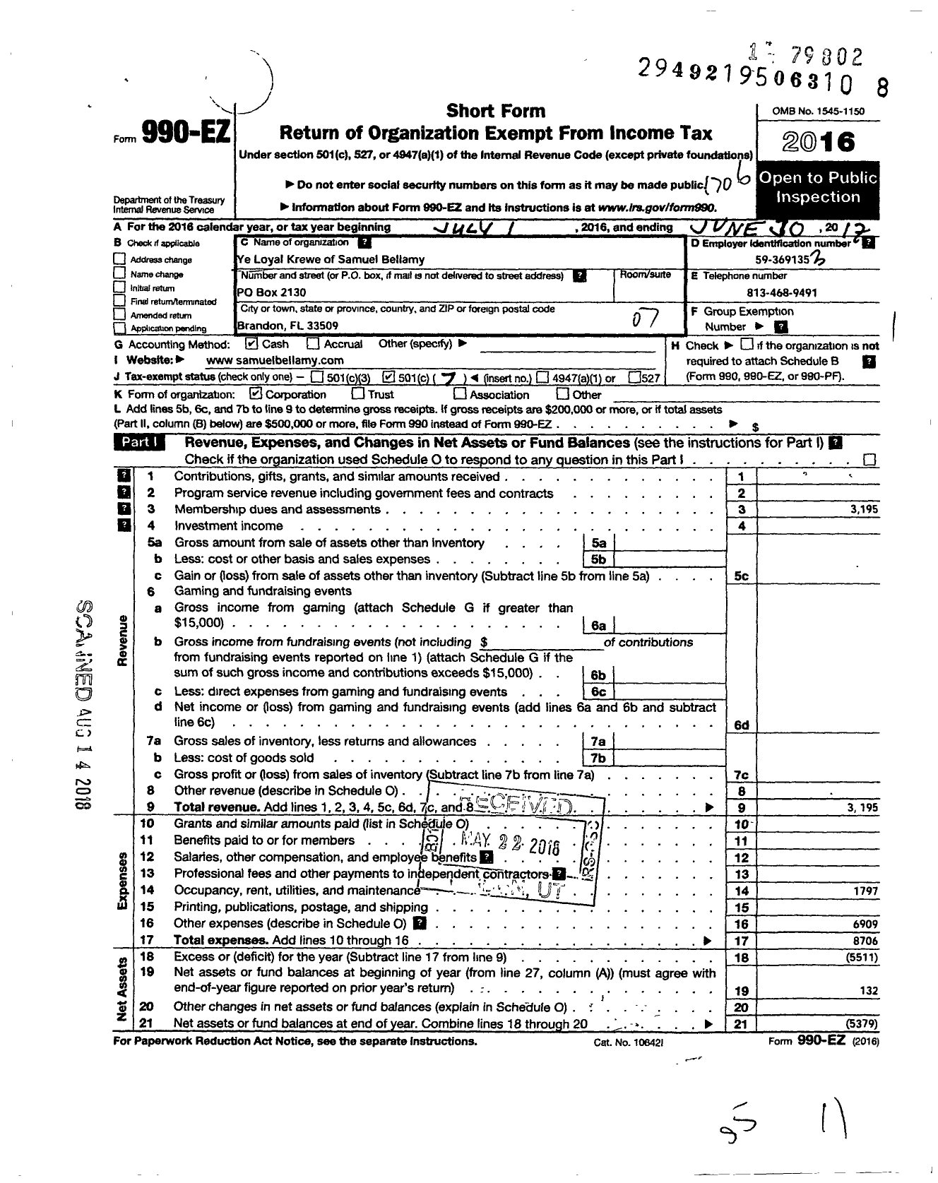 Image of first page of 2016 Form 990EO for Ye Loyal Krewe of Samuel Bellamy