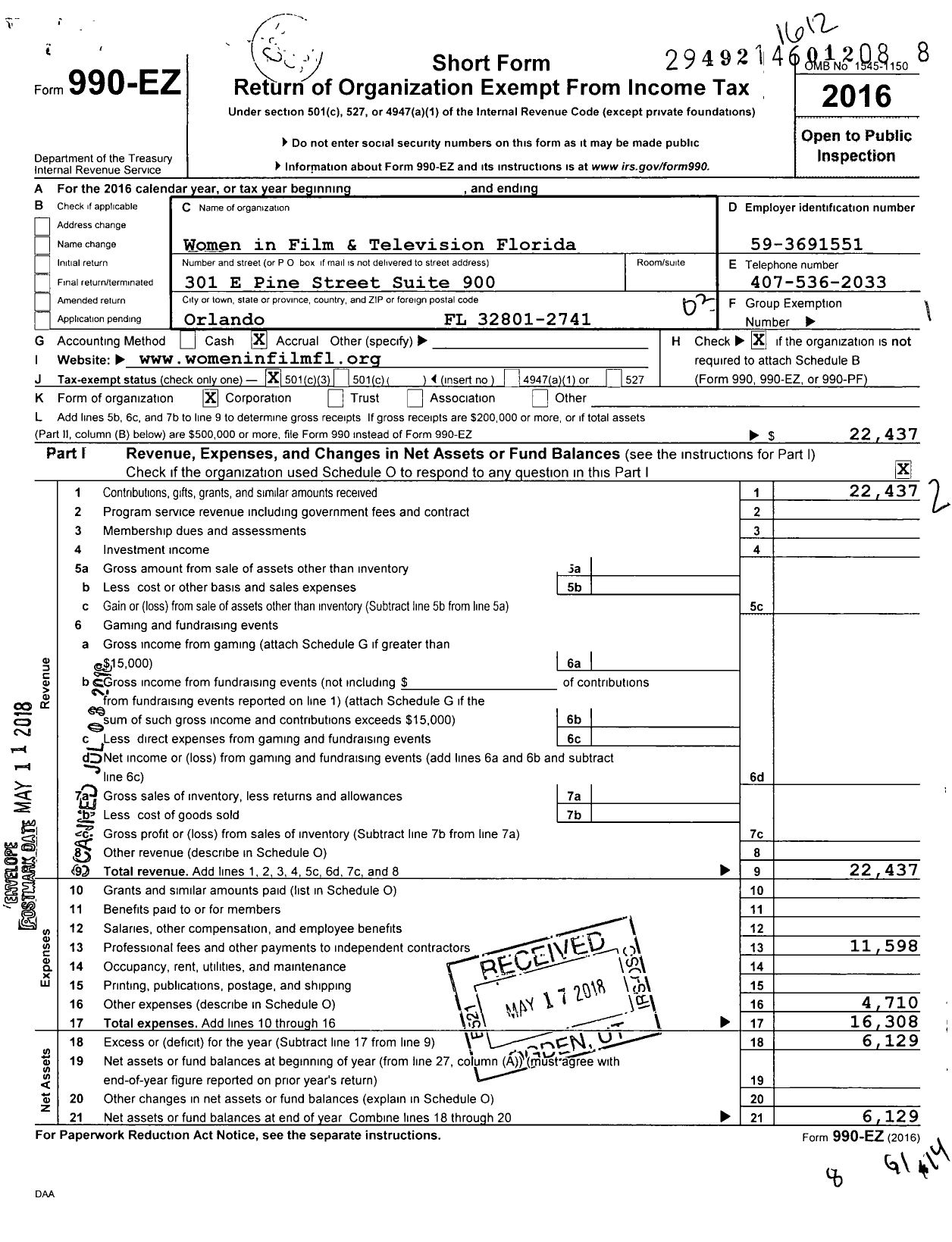 Image of first page of 2016 Form 990EZ for Women in Film and Television Florida