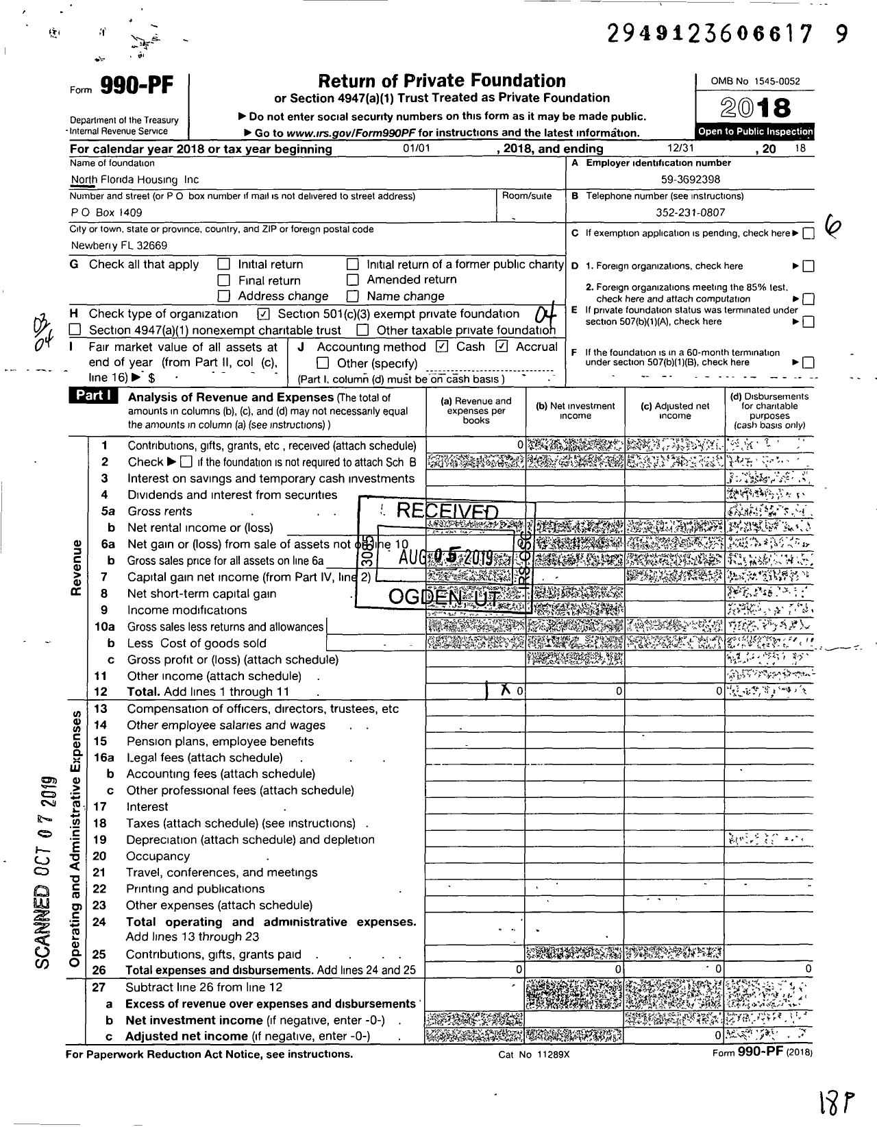 Image of first page of 2018 Form 990PF for North Florida Housing