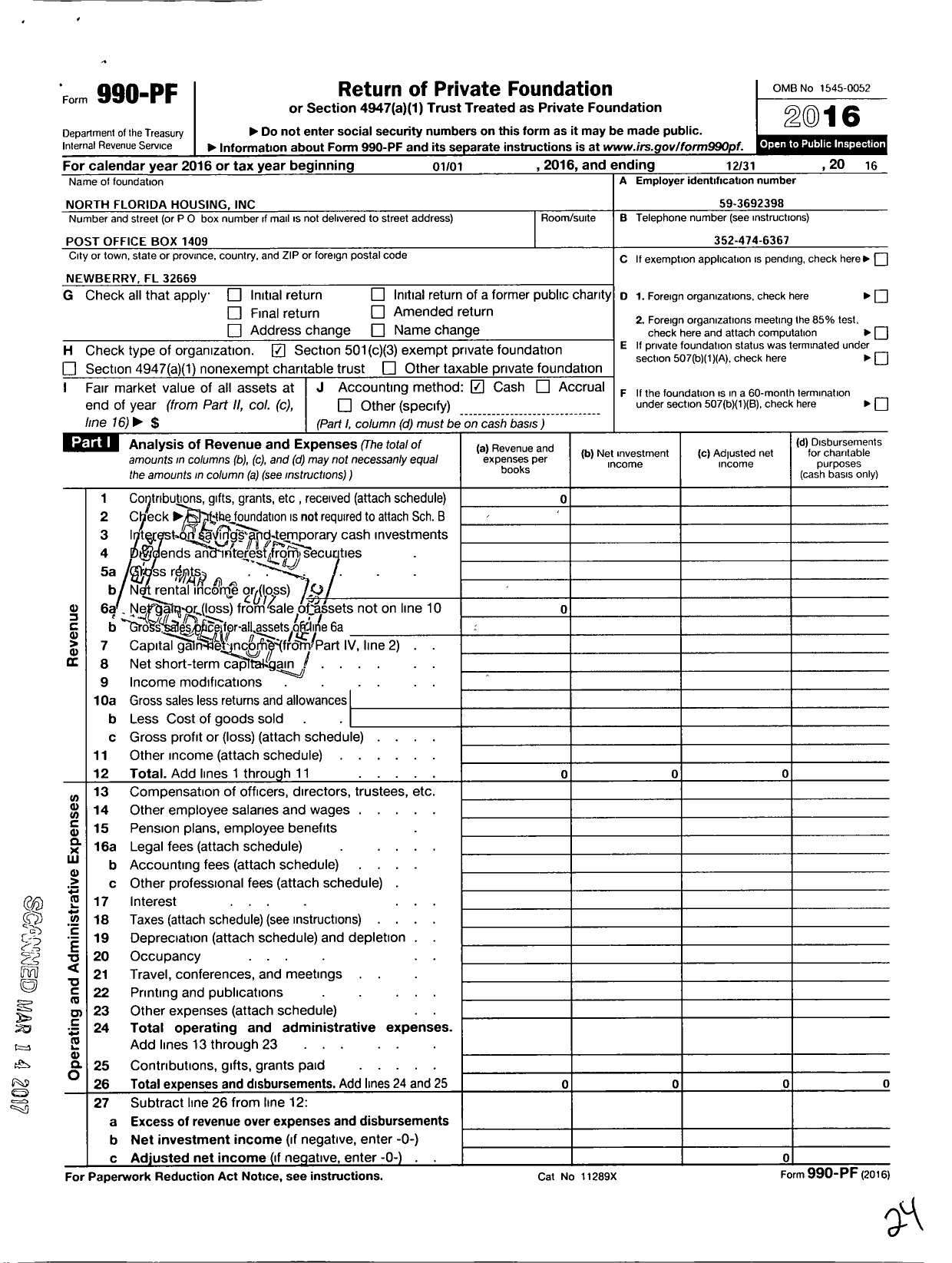 Image of first page of 2016 Form 990PF for North Florida Housing