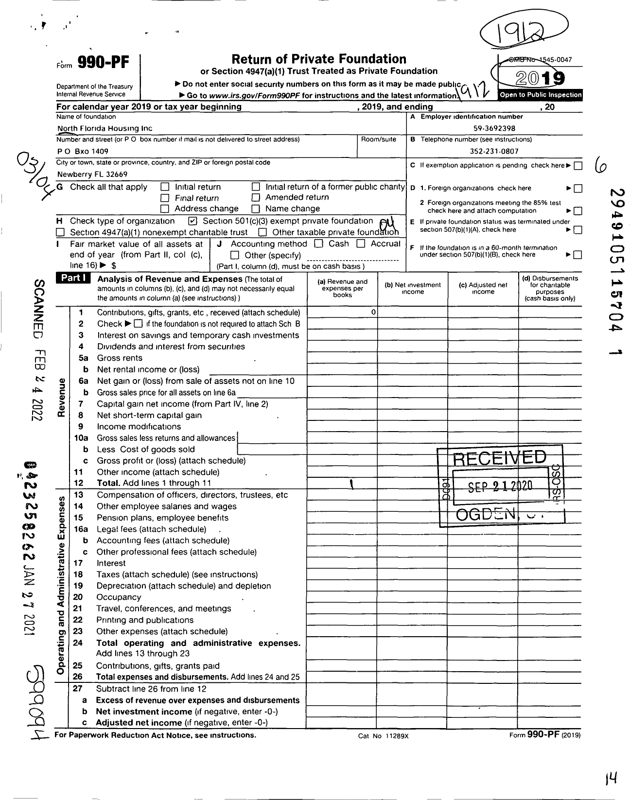 Image of first page of 2019 Form 990PF for North Florida Housing