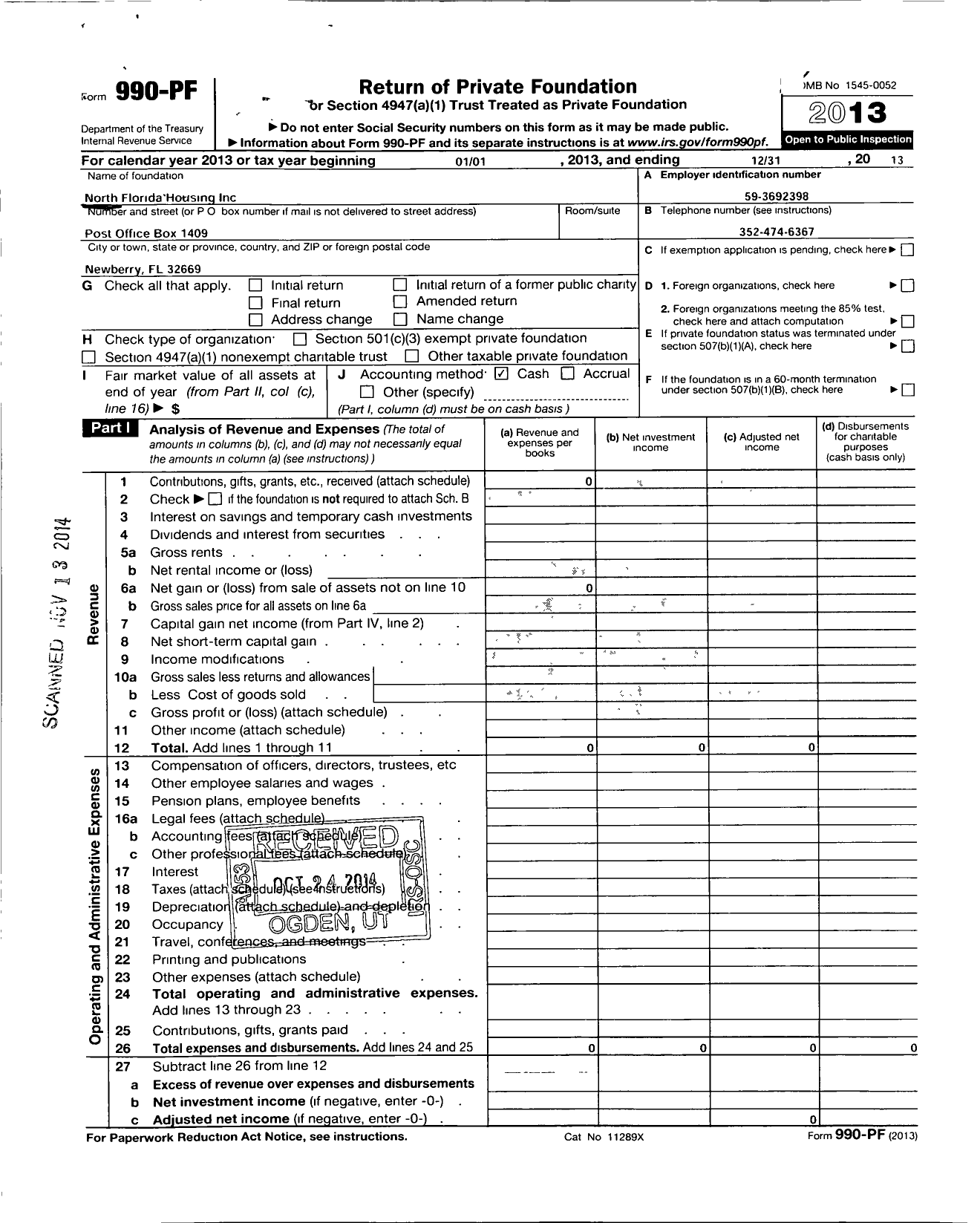 Image of first page of 2013 Form 990PF for North Florida Housing