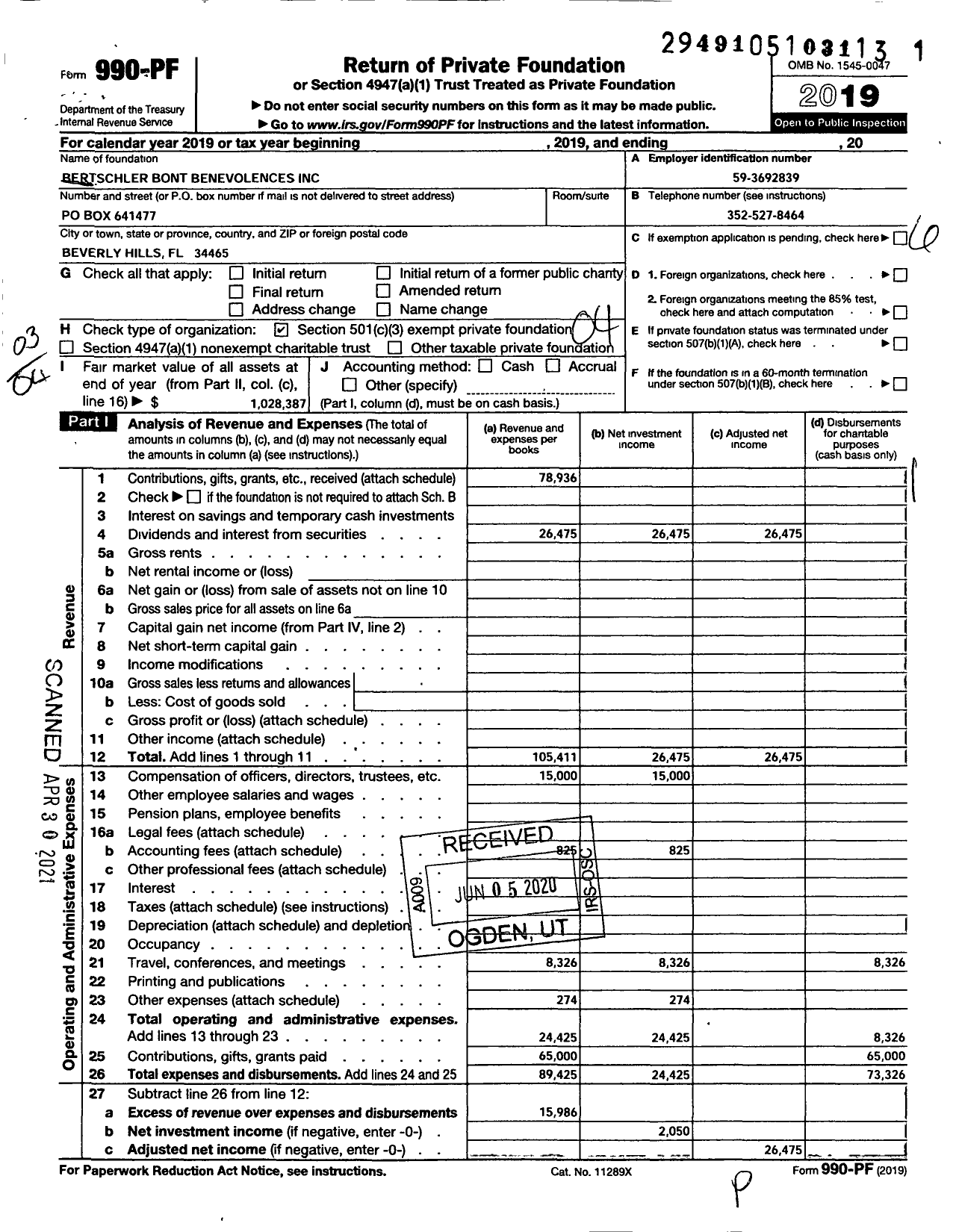 Image of first page of 2019 Form 990PF for Bertschler Bont Benevolences