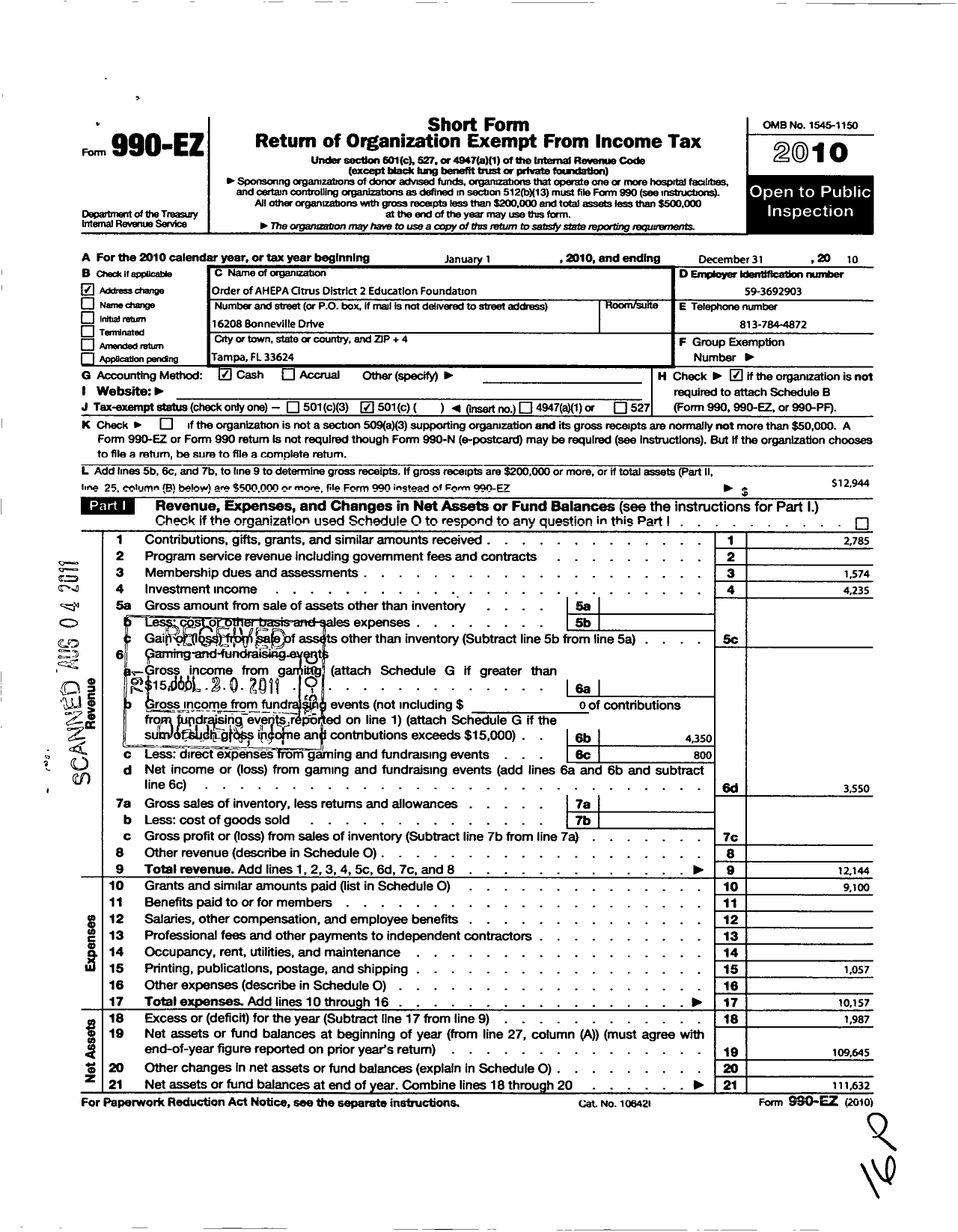 Image of first page of 2010 Form 990EO for Order of the Ahepa - 2 District Citrus Educational Foundation