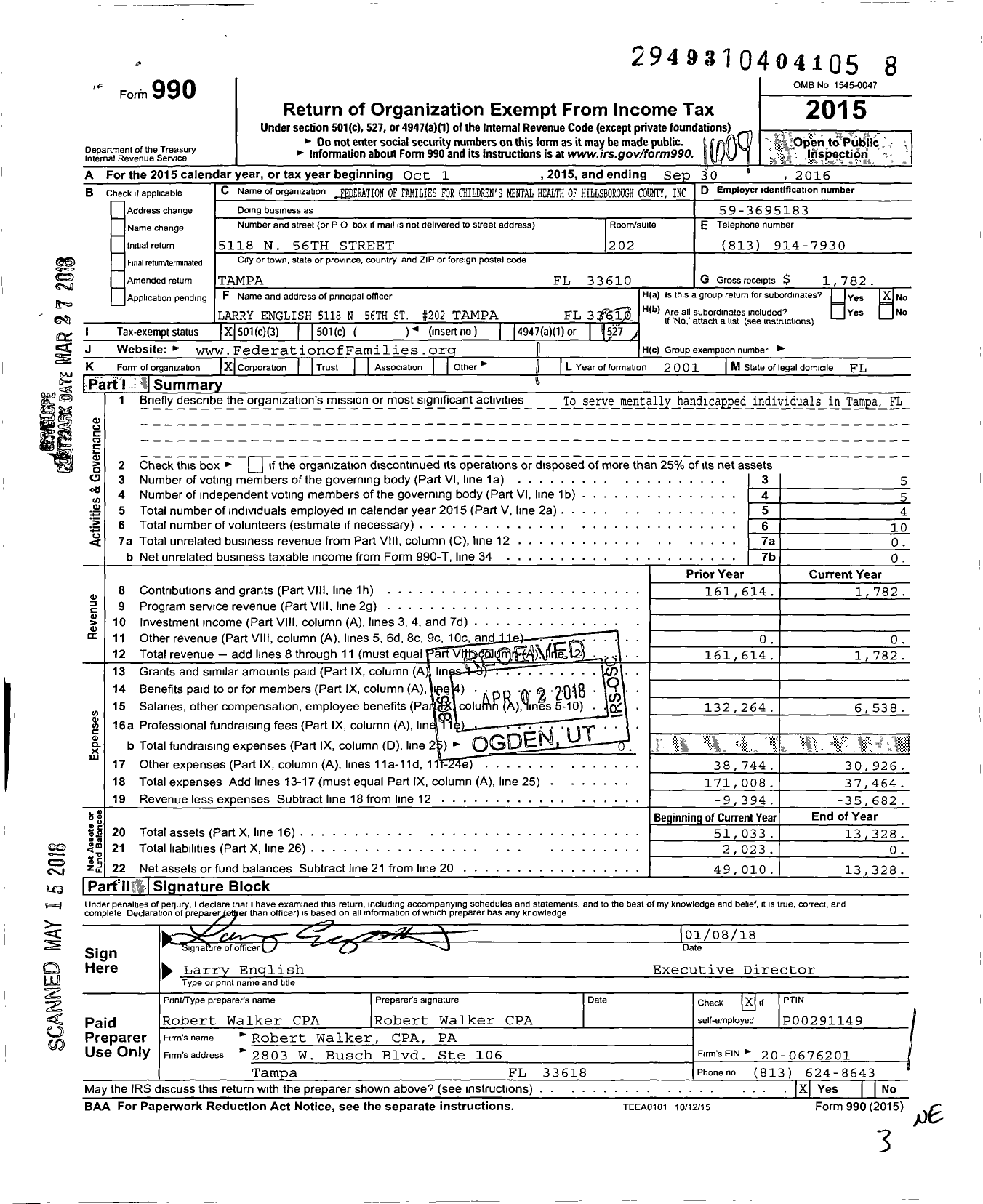 Image of first page of 2015 Form 990 for Federation of Families for Children's Mental Health of Hillsborough County