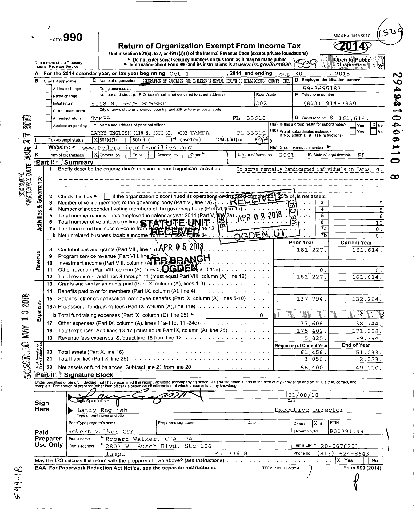 Image of first page of 2014 Form 990 for Federation of Families for Children's Mental Health of Hillsborough County