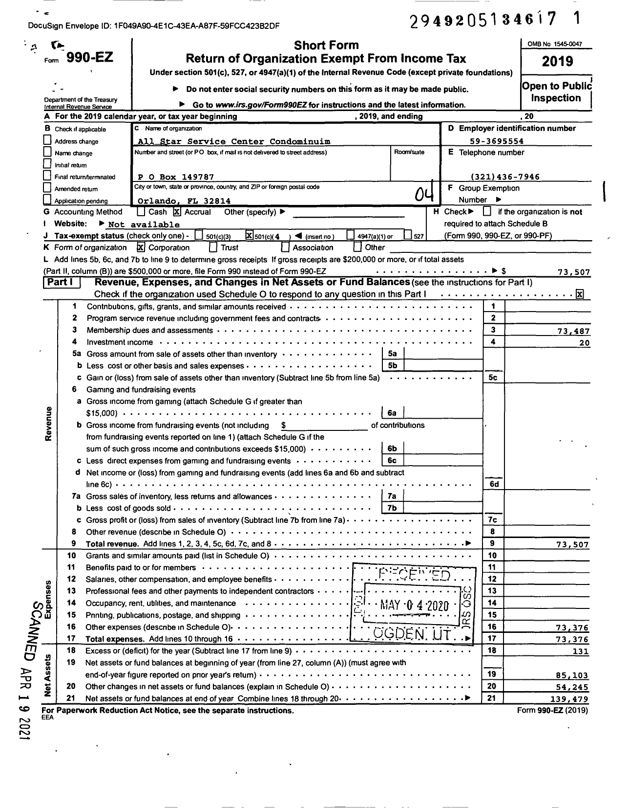 Image of first page of 2019 Form 990EO for All Star Service Center Condominuim