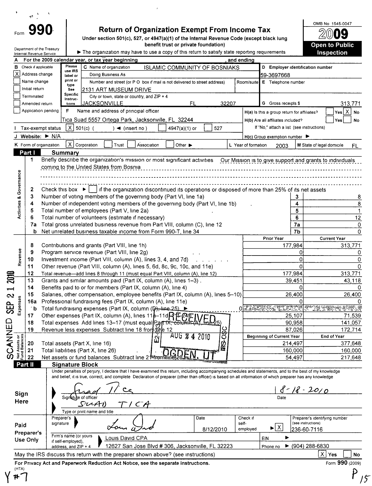 Image of first page of 2009 Form 990O for Islamic Community of Bosniaks Jacksonville