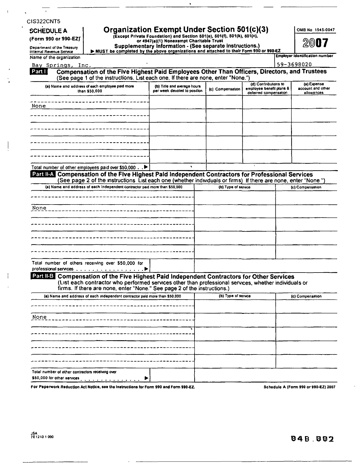 Image of first page of 2007 Form 990R for Bay Springs Incorporated