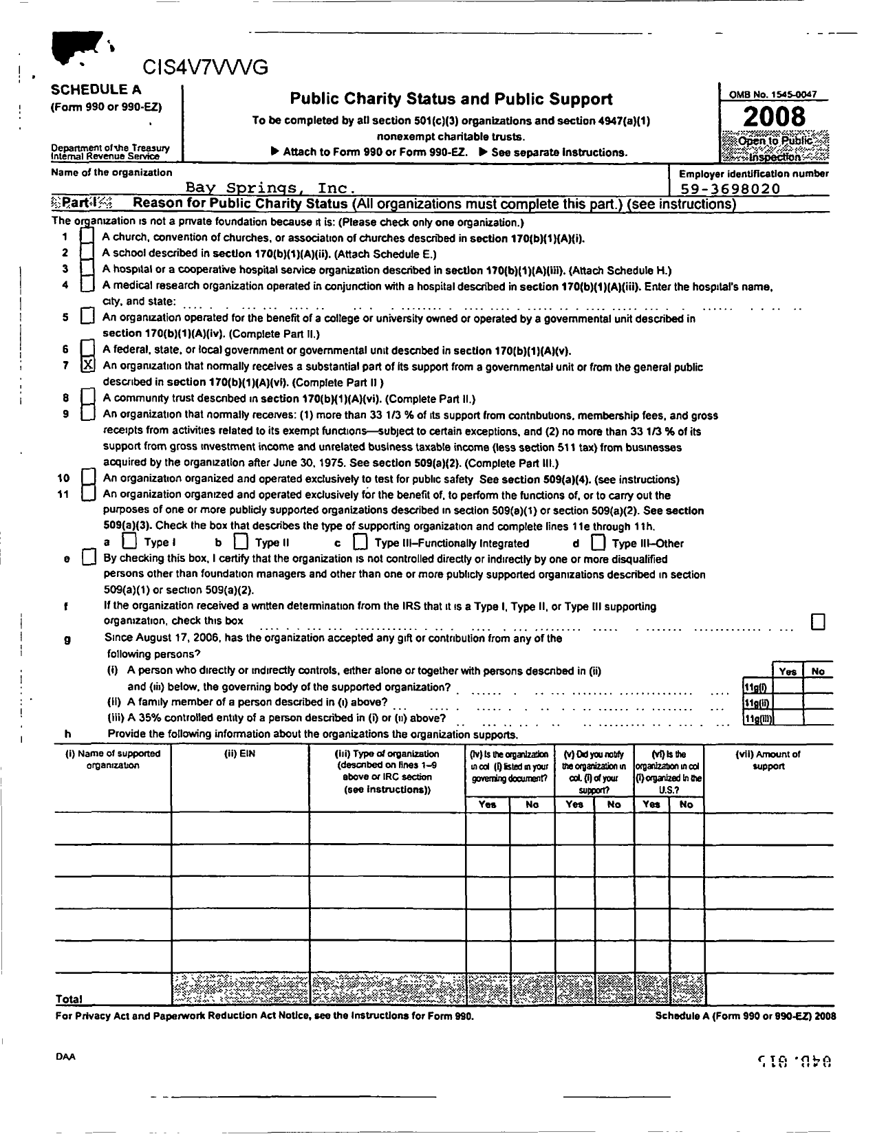 Image of first page of 2008 Form 990ER for Bay Springs Incorporated