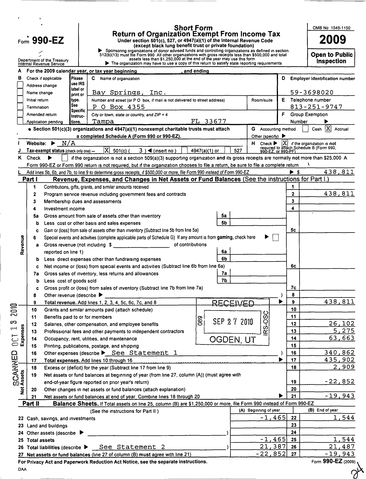 Image of first page of 2009 Form 990EZ for Bay Springs Incorporated