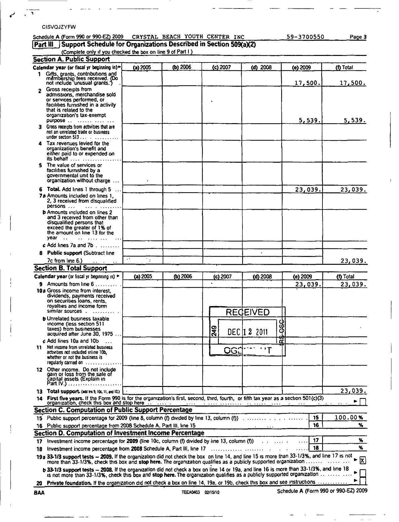 Image of first page of 2009 Form 990ER for Crystal Beach Youth Center