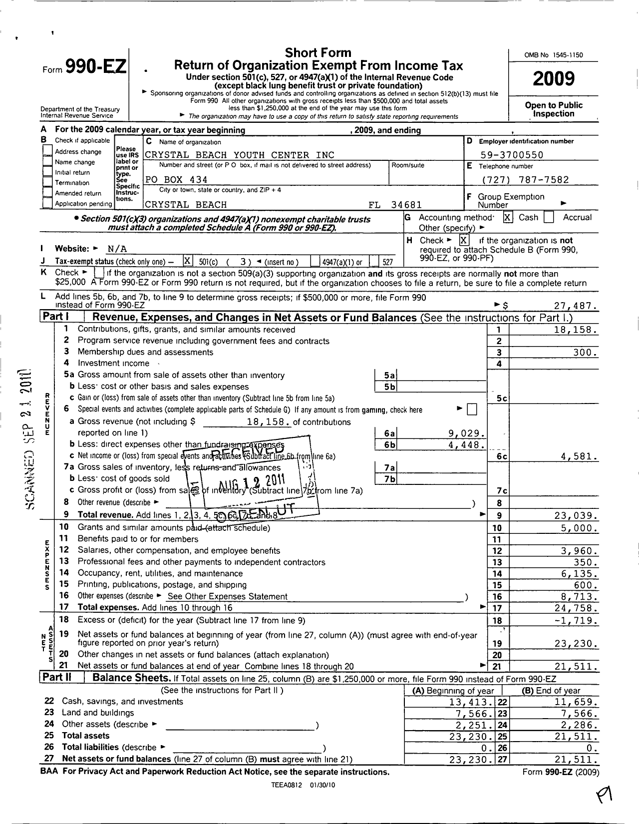 Image of first page of 2009 Form 990EZ for Crystal Beach Youth Center