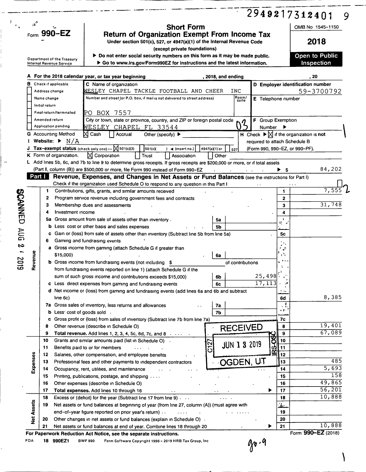 Image of first page of 2018 Form 990EZ for Wesley Chapel Tackle Football & Che