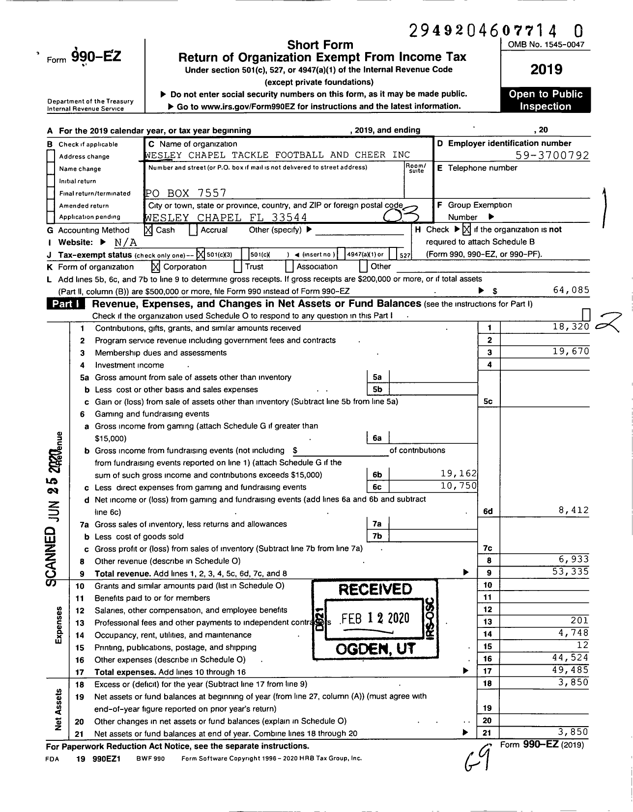 Image of first page of 2019 Form 990EZ for Wesley Chapel Tackle Football & Che