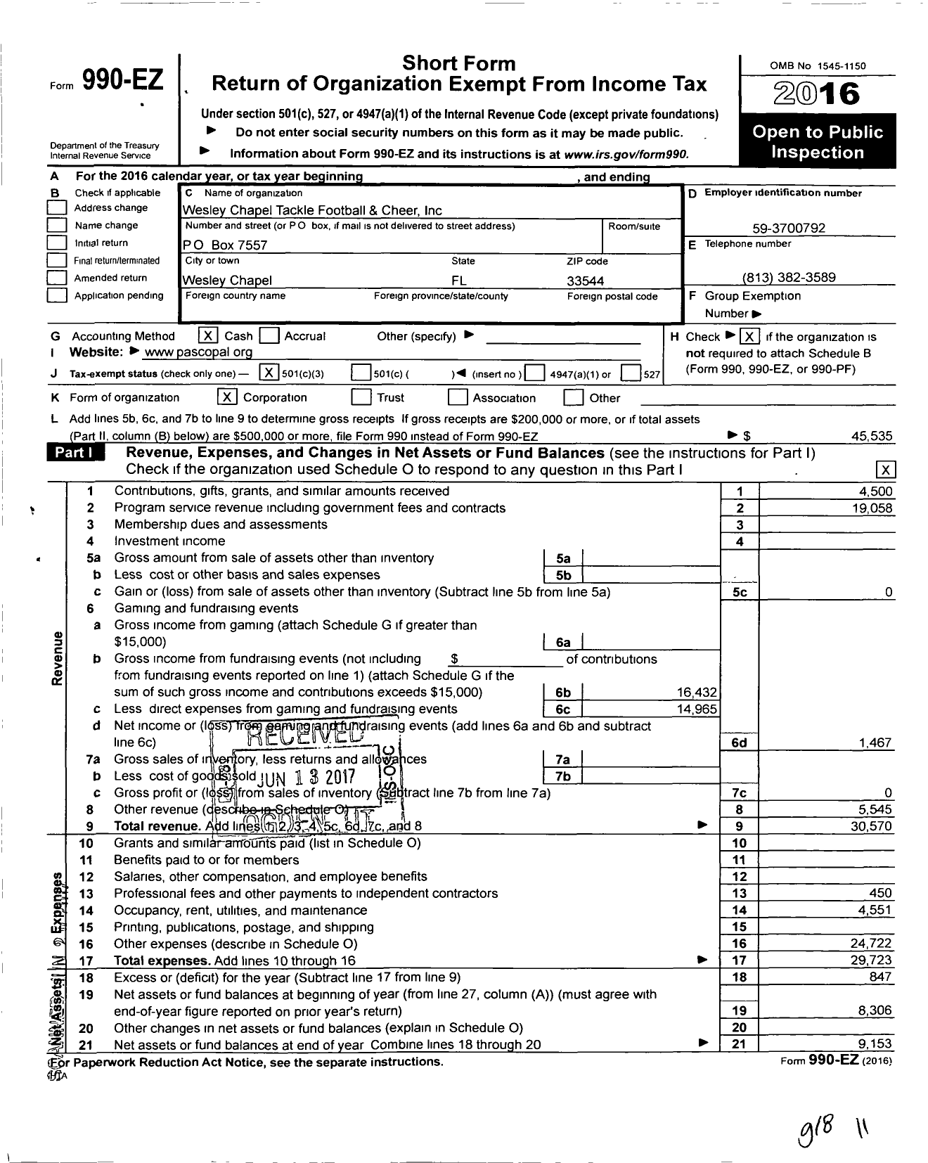 Image of first page of 2016 Form 990EZ for Wesley Chapel Tackle Football & Che