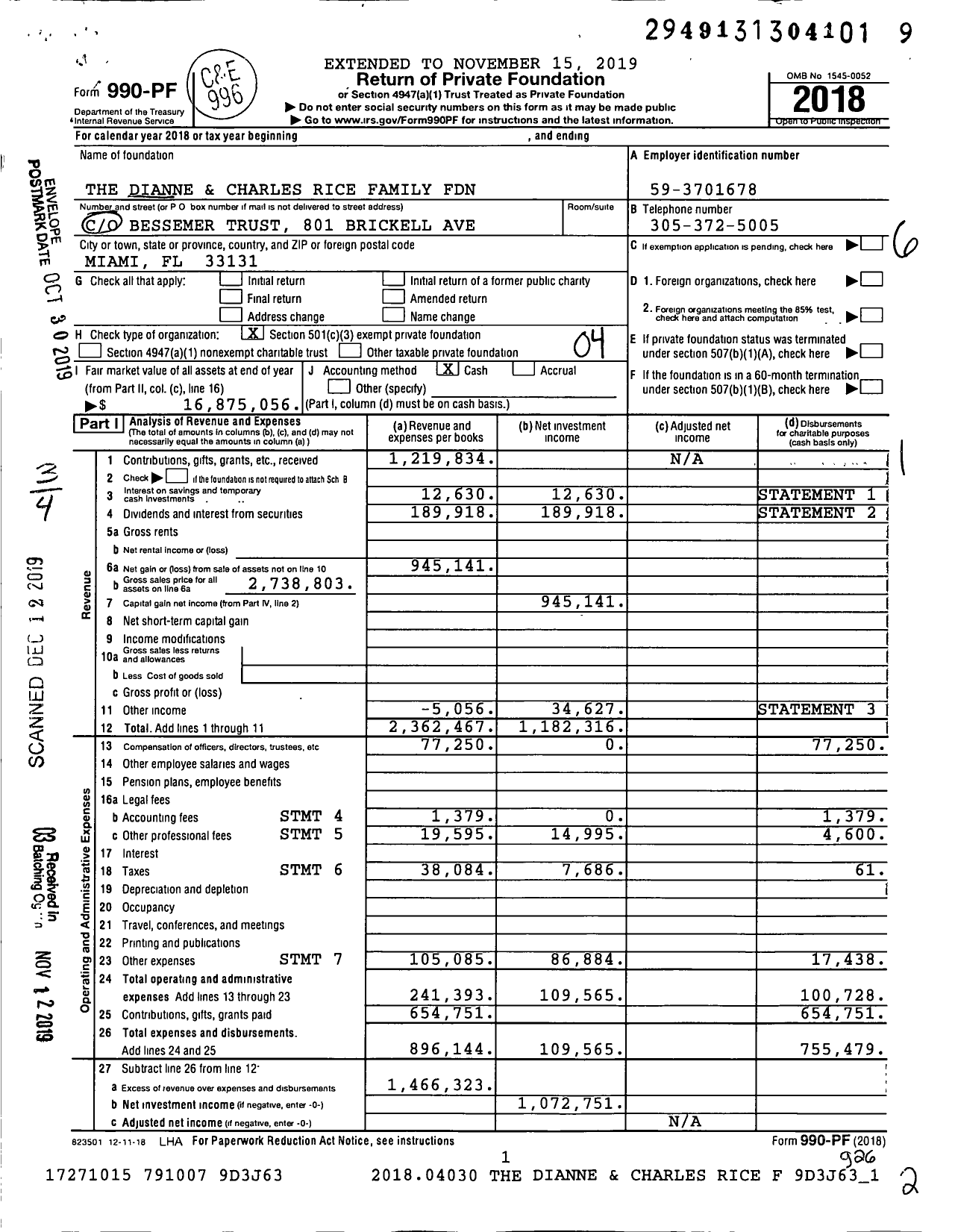 Image of first page of 2018 Form 990PF for The Dianne and Charles Rice Family Foundation