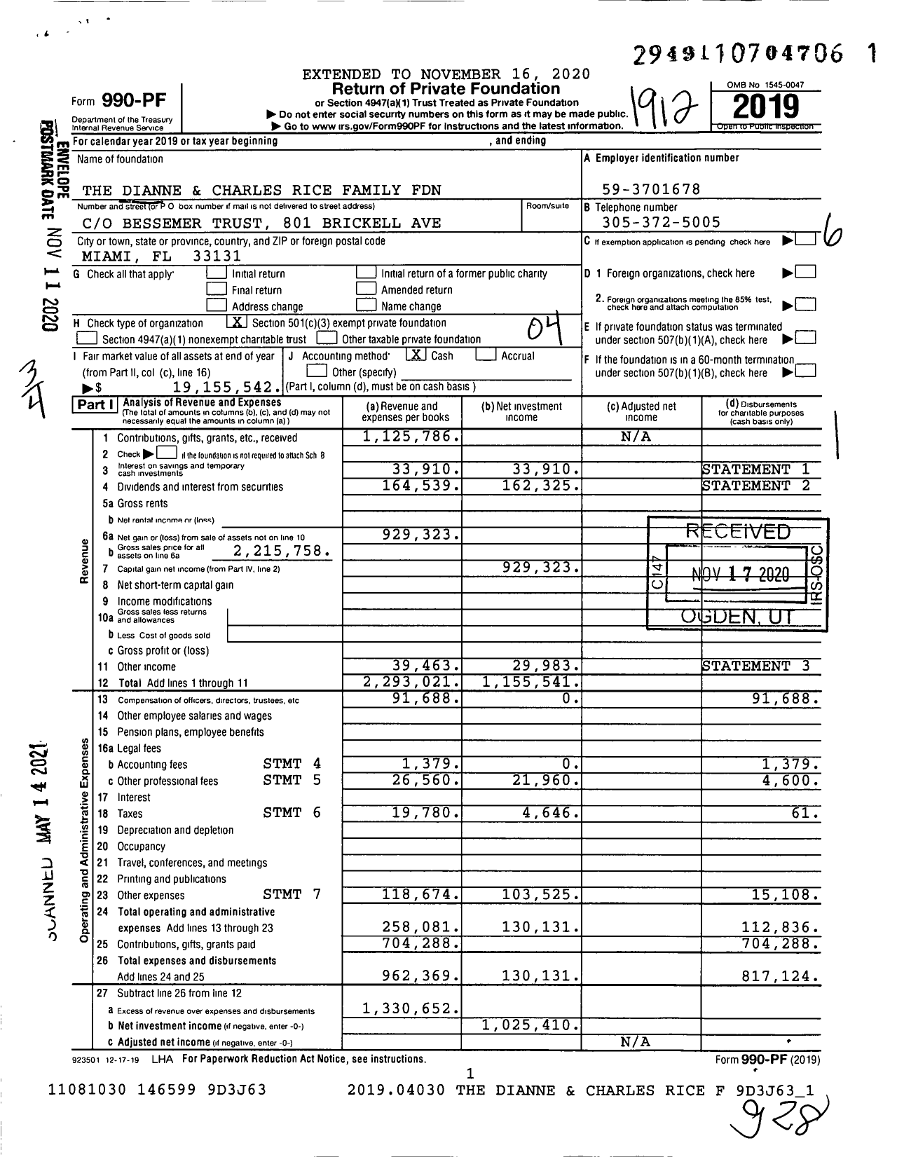 Image of first page of 2019 Form 990PF for The Dianne and Charles Rice Family Foundation