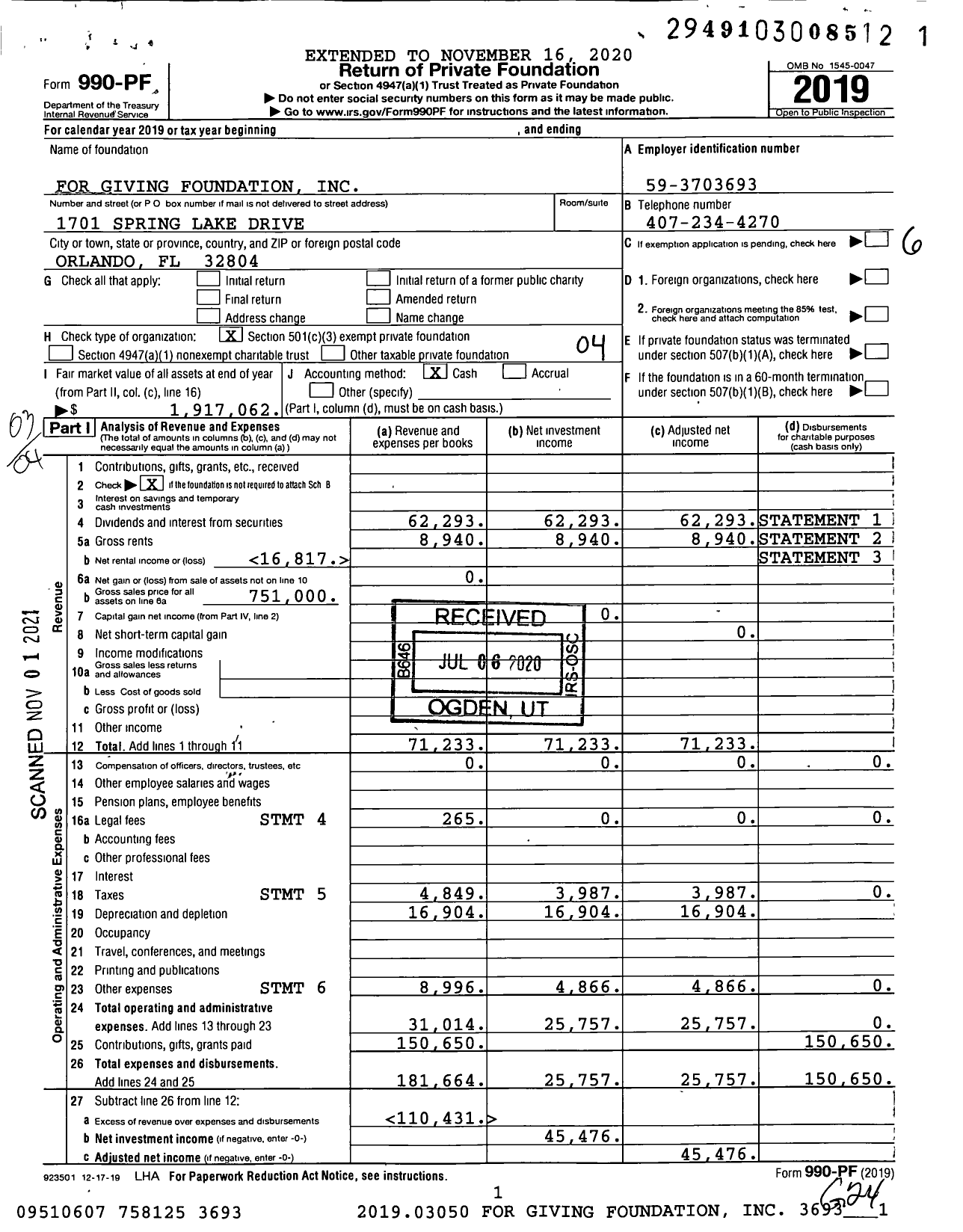 Image of first page of 2019 Form 990PF for For Giving Foundation